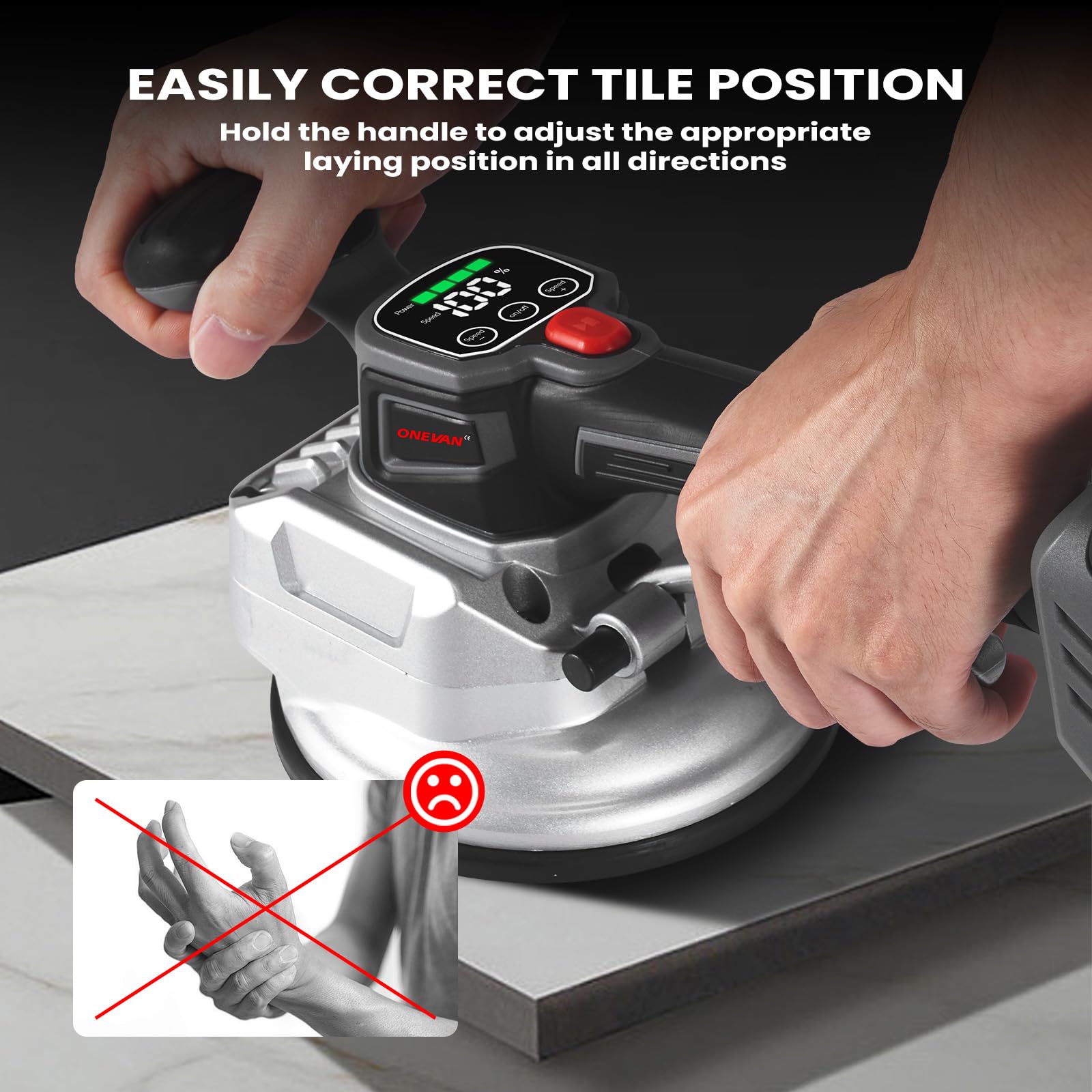 ONEVAN Fliesen Vibrationsgerät mit 2 1500mAh Akkus, 10-Gang Akku Fliesenrüttler 0-12000RPM Fliesen Vibration Elektrischer Fliesenverlegemaschine, 145mm Saugnapf für 200x200cm Fliesen, 60kg Kapazität