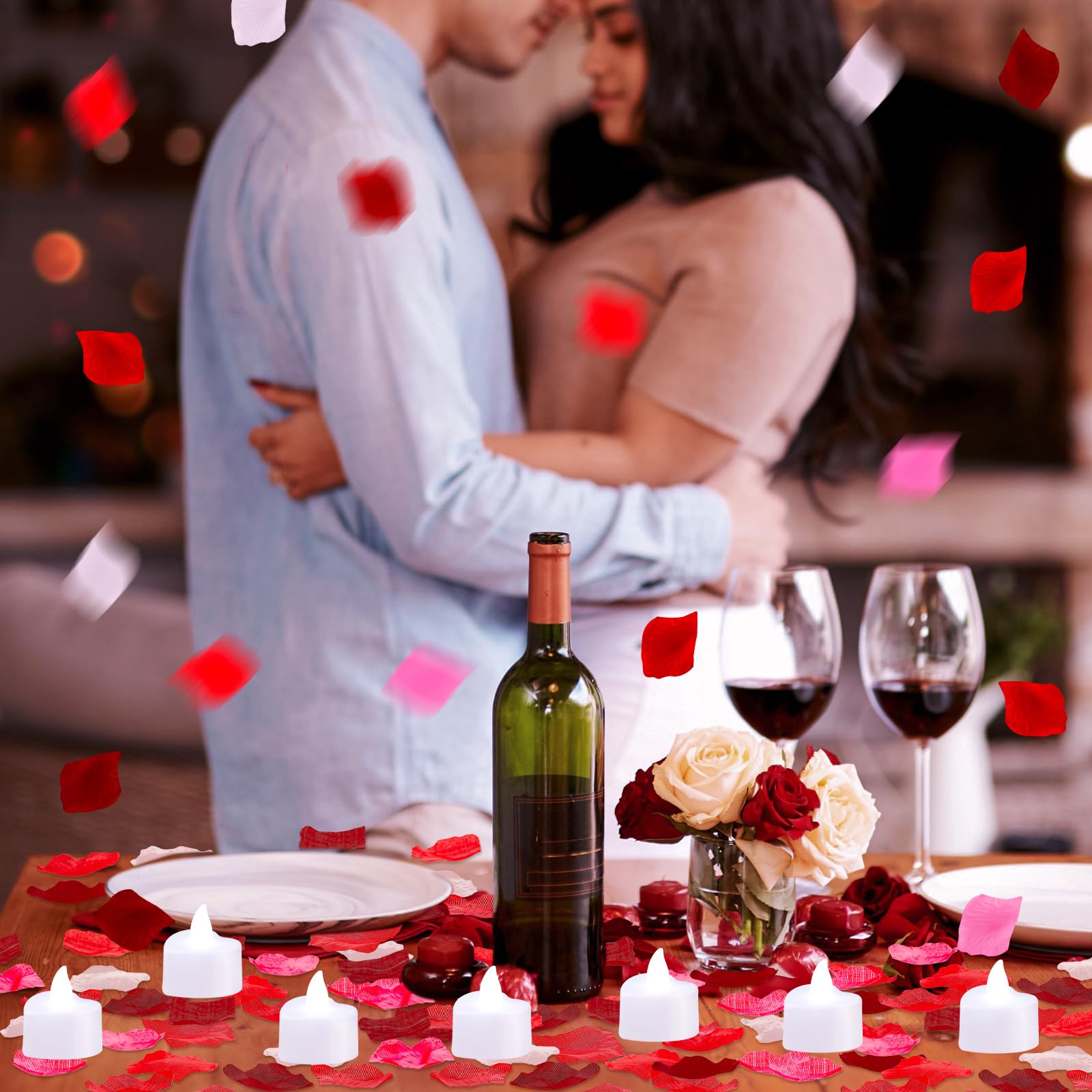 Coume 6000 Stück künstliche Rosenblätter mit 72 Stück romantischen Herz-LED-Kerzen, flammenlose Liebe, LED-Teelichter für romantische Nacht, Jahrestag, Tischdekoration (weißes Licht)