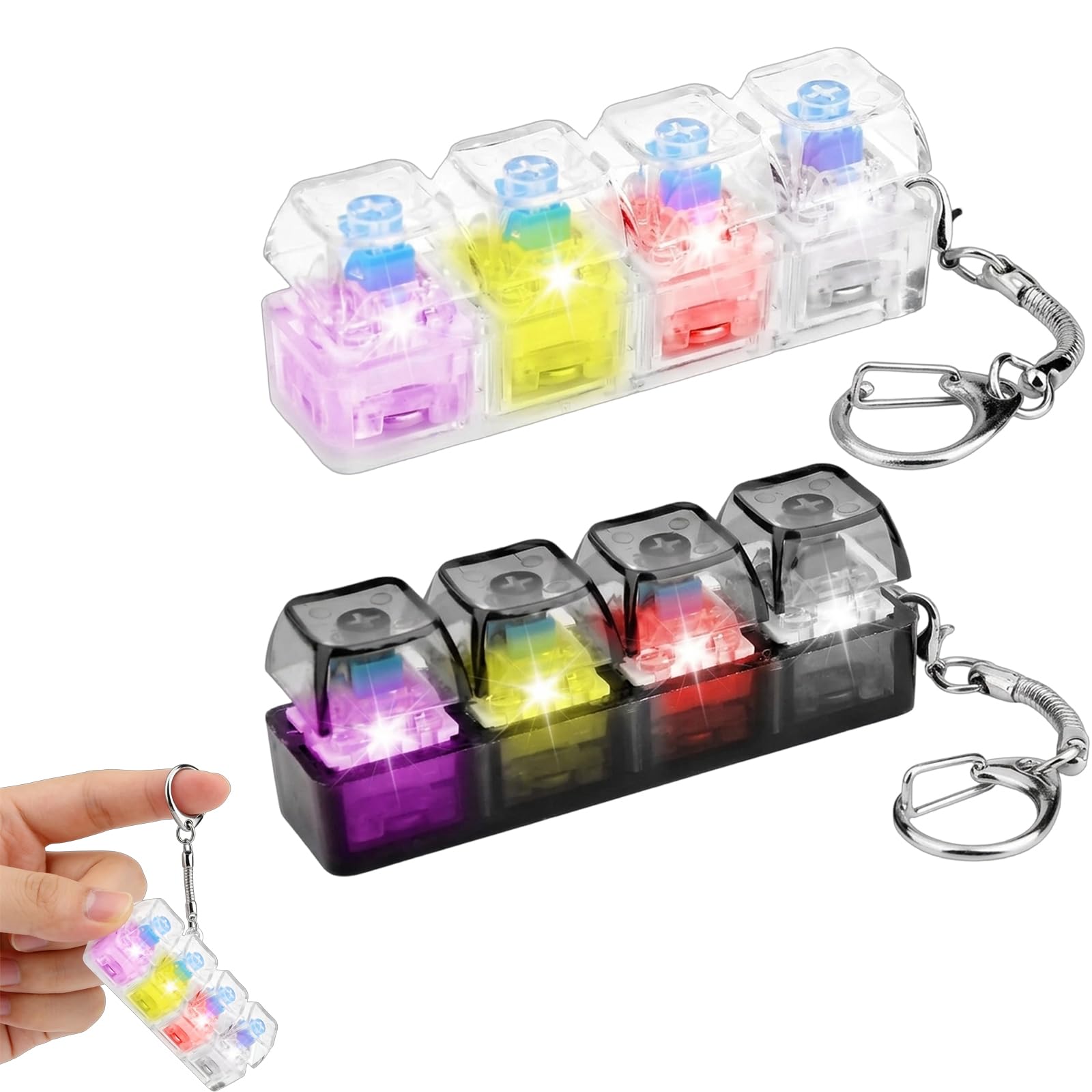 2PCS Keyboard Fidget with Light Buttons, Portable Stress Relief Tool for Office and Travel, Transparent Keychain Set with Clicker Mechanism