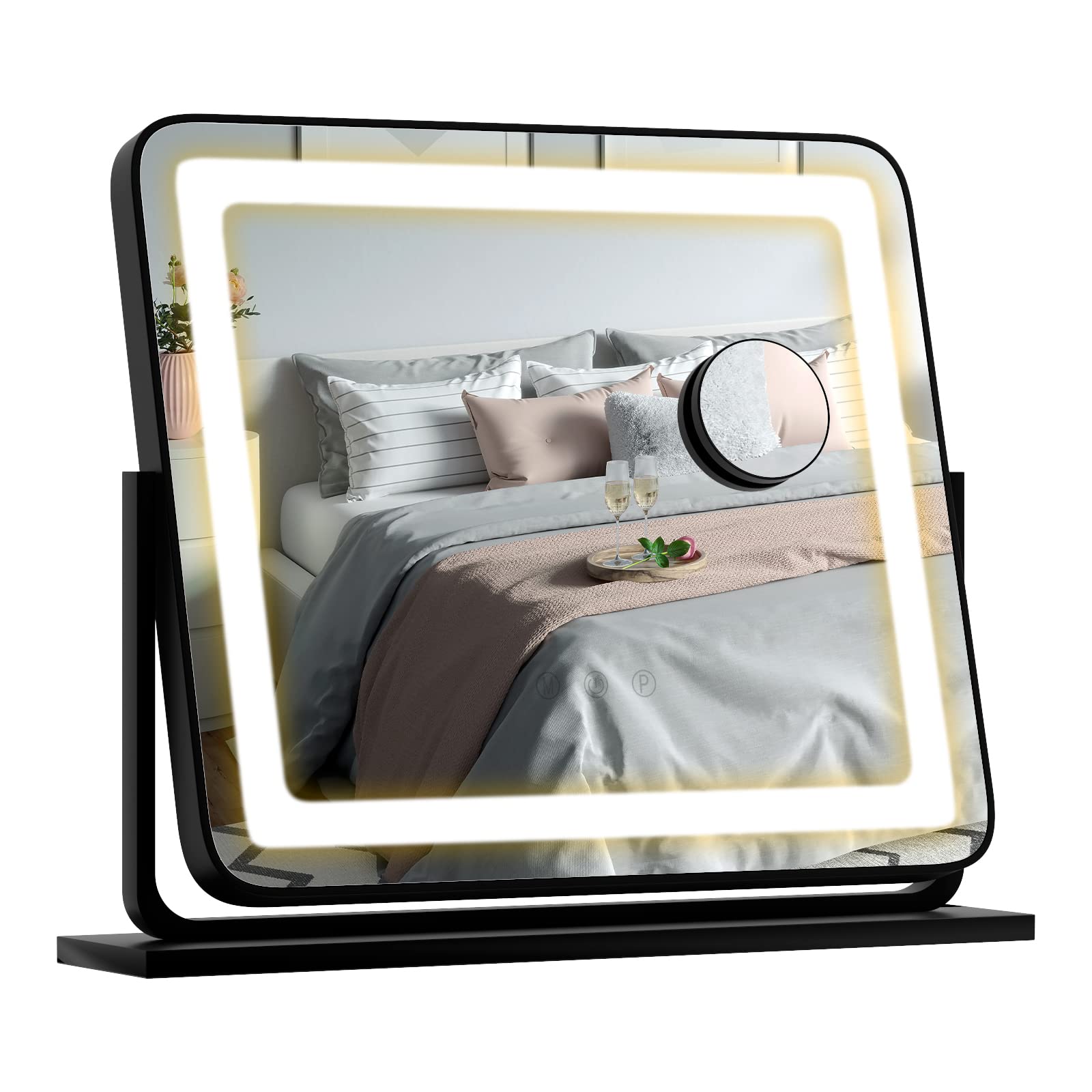 LIFEZEAL Espejo de Maquillaje con Luz, Espejo Hollywood con Led de 3 Colores, Espejo de Mesa con 5 aumentos y Smart Touch, Giratorio 360° y 3 Modos de Luminosidad, 50x44 cm