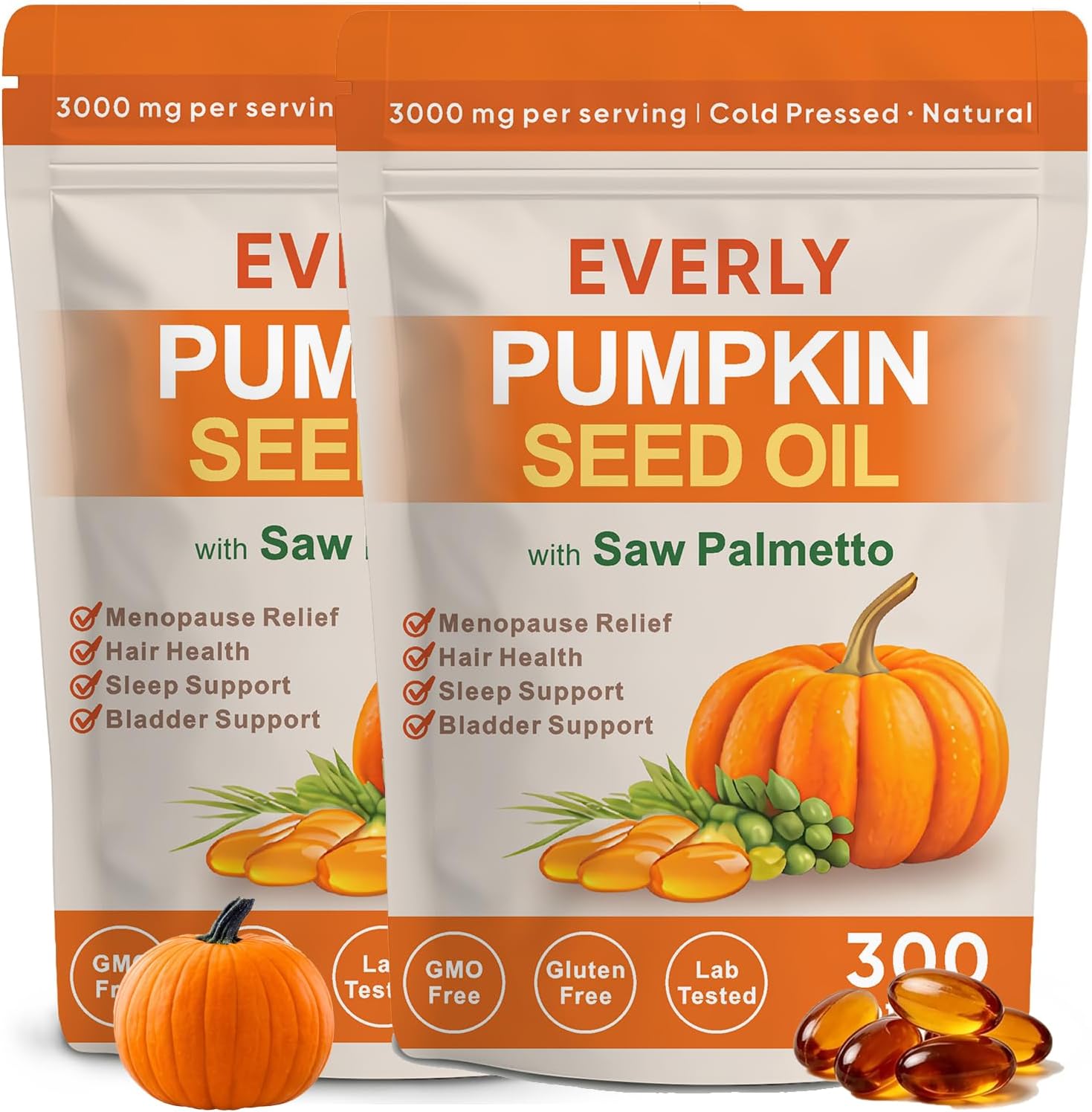 Everly Pumpkin Seed Oil with Saw Palmetto, 3000mg per Serving, Cold Pressed Pumpkin Seed Oil, Supports Hair, Non-GMO, 300 Softgels (2PCS)