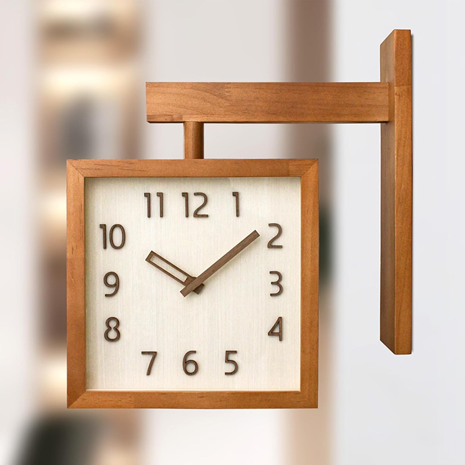 Wall Clock, Simple Silent Non Ticking Square Double Sided Clock Wooden Decorative Corner Clock for Living Room Household (Dark Wood Color)