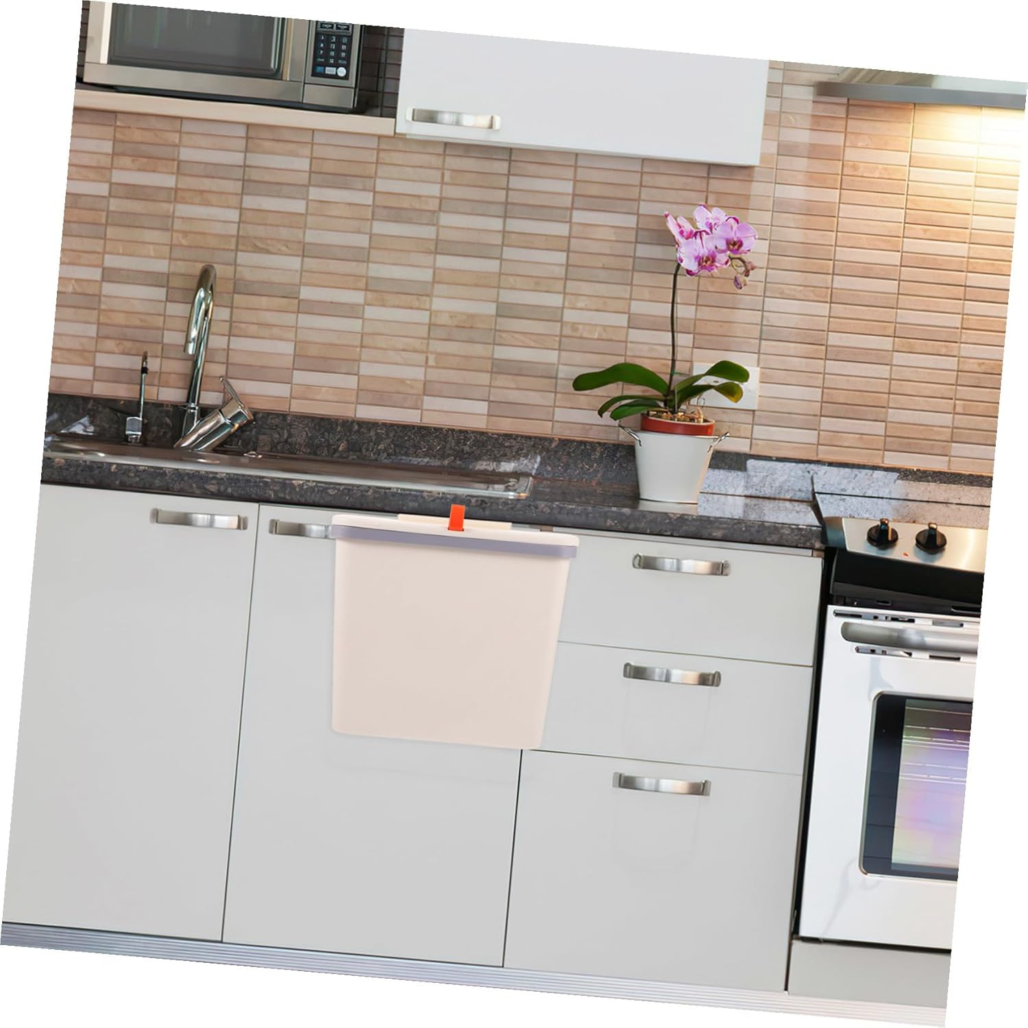 Wall-Mounted Trash Storage Bin with Lid, Plastic Hanging Garbage Can for Kitchen and Bathroom, White Slide-Type Wastebasket for Home Organization