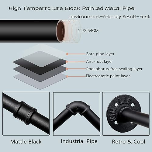 Miniatura 6 de Crehomfy Perchero industrial de tubería con 3 ganchos en forma de S perchero montado en la pared de 36 pulgadas de largo barra de ropa de hierro