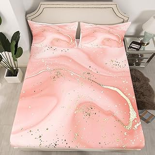 Manfei Pink Marbling Fitted Sheet Queen Size, Abstract Marble Texture Bed Cover with 2 Pillowcases, Gold Glitter Bedding Set 3pcs for Kids Boy Girls Room Decor, Soft Polyester Bedding