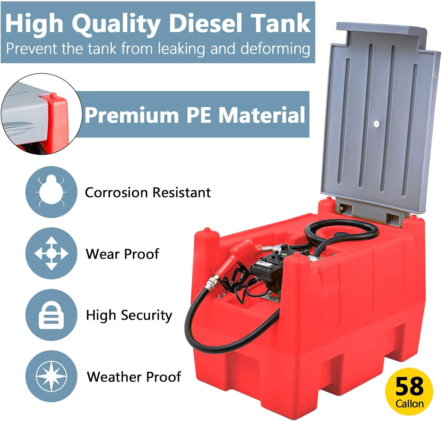 58 Gallon Portable Gasoline Diesel Transfer Tank,Gasoline Tank with 12V Electric Fuel Transfer Pump,Mobile Gasoline Fuel Tank for Transportation (Red)