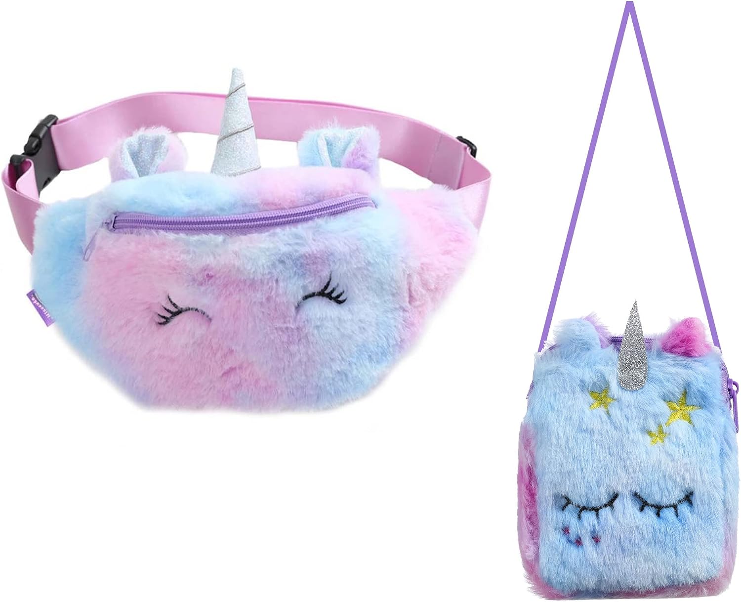 YuDanae Rainbow Unicorn Plush Fuzzy Fanny Pack Waist Bag Cute Bum Bag for Kids Girls (2 Pack Purple)