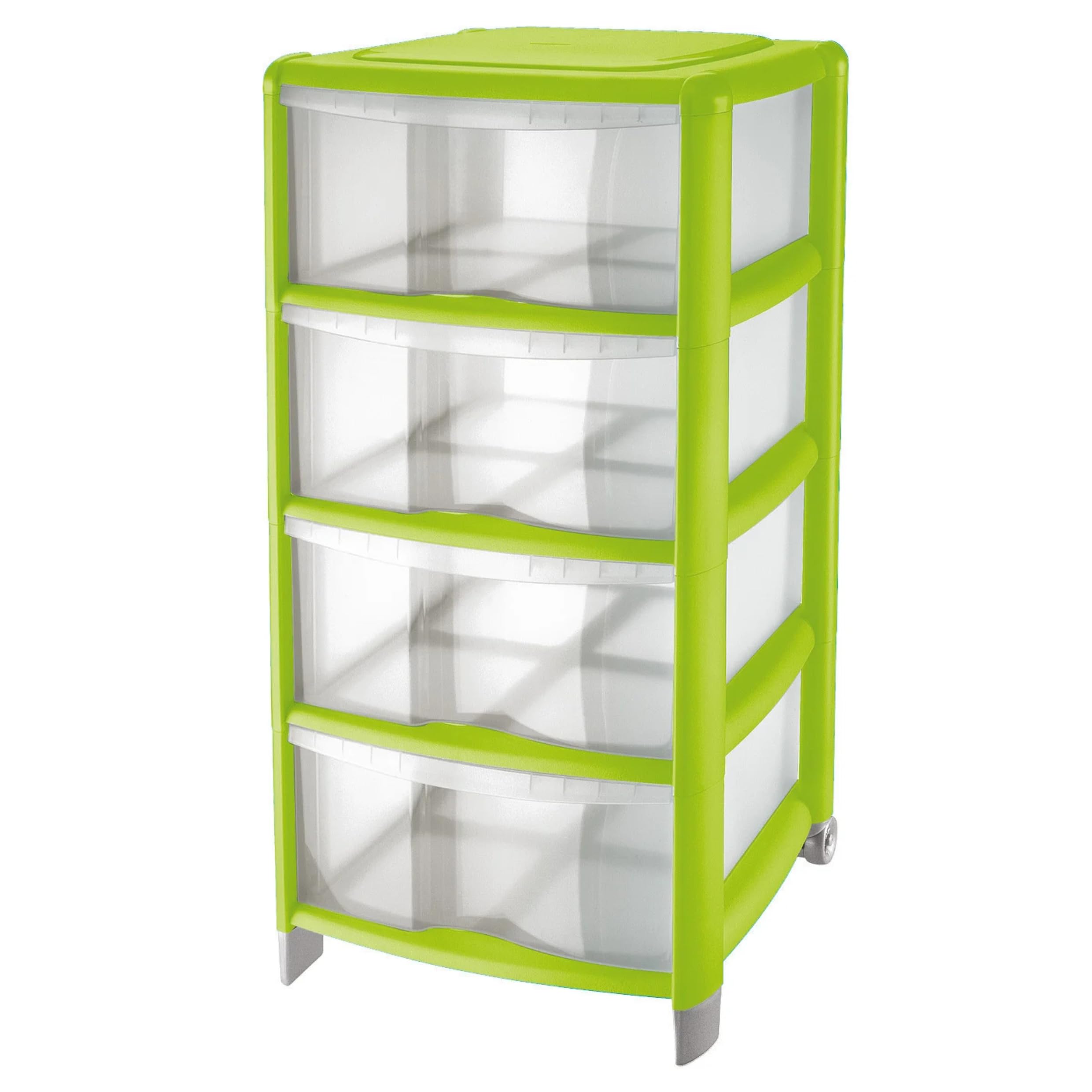 Cassettiera a 4 Cassetti Alta Design Moderno Multiuso con Piedini e Ruote Color Trasparente/Lime da Bagno,Ufficio,Camera,Ripostiglio 38,5x39,5xH86cm