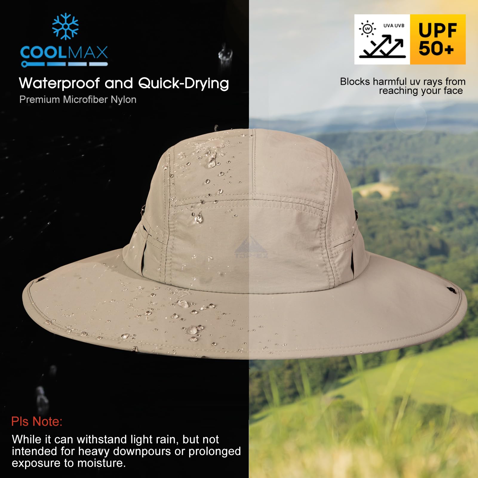 TOP-EX Chapeau de soleil surdimensionné XL XXL à large bord UPF50+ respirant, imperméable, pliable, pour le golf, la randonnée, l'extérieur, pour homme et femme