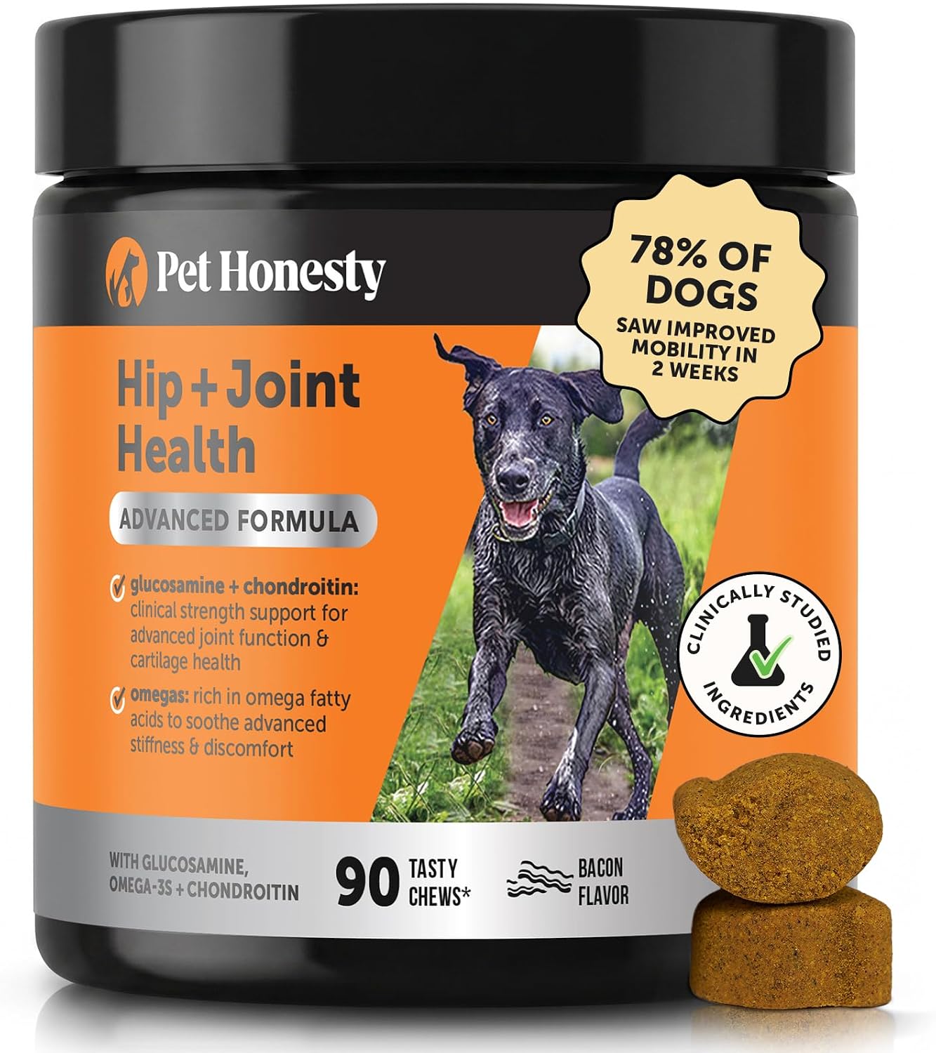 Advanced Formula Hip + Joint Supplement for Dogs – Joint Support with Glucosamine Chondroitin, MSM & Calcium Fructoborate – Fast Acting Mobility + Stiffness for Large Dogs & Seniors (Bacon 90 Ct)