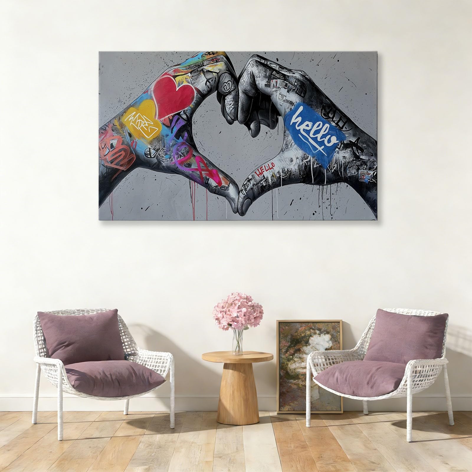 Stampa artistica da parete su tela con mani a forma di cuore e graffiti, stampe su tela per soggiorno, camera da letto, ufficio, grigio impermeabile, per bagno, 99 x 50,8 cm, senza cornice