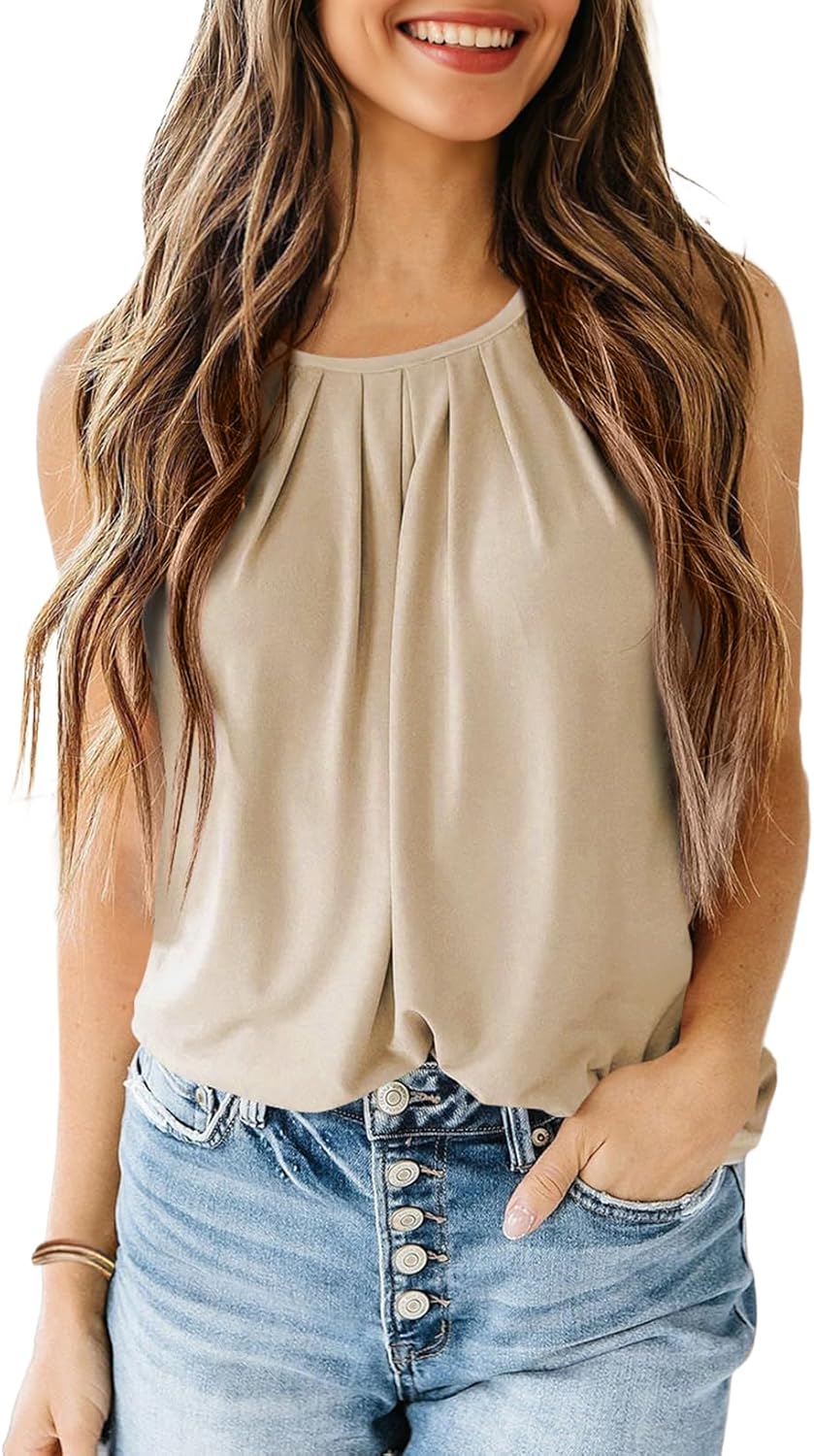 Dokotoo Tank Top for Women Round Neck Pleated Long Flowy Womens Tank Tops Loose Fit Summer Tops Cute Basic 2025