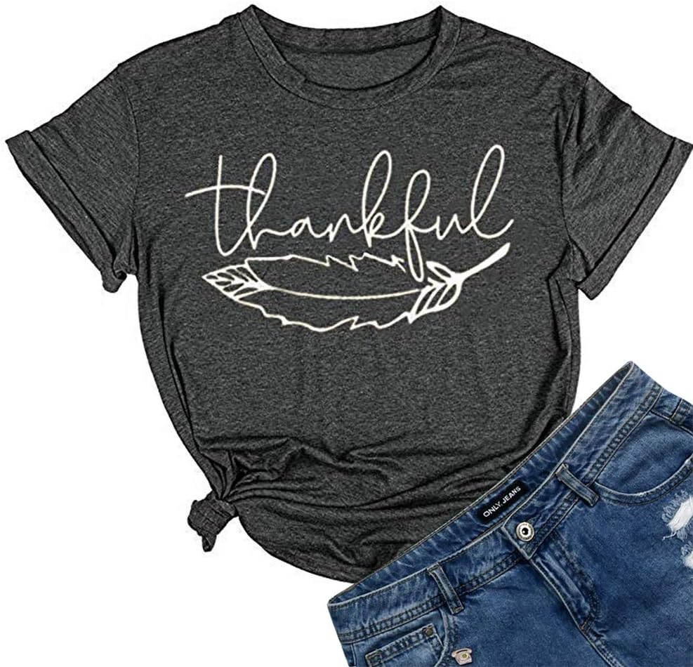 Thanksgiving Shirts Womens Thankful T-Shirt Casual Short Sleeve Graphic Fall Tees Tops