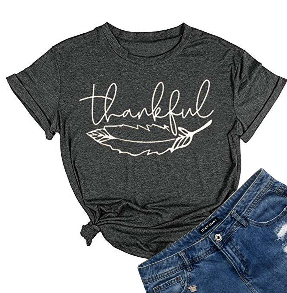 Thanksgiving Shirts Womens Thankful T-Shirt Casual Short Sleeve Graphic Fall Tees Tops