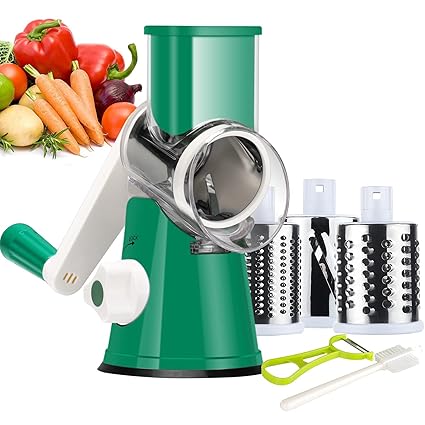 Rotary Cheese Grater Shredder, Ourokhome Round Mandolin Slicer Vegetable Cutter with 3 Stainless Steel Drum Blades, Food Grinder for Veggie, Potato, Carrot, Nuts, Garlic, Radish, etc. Emerald
