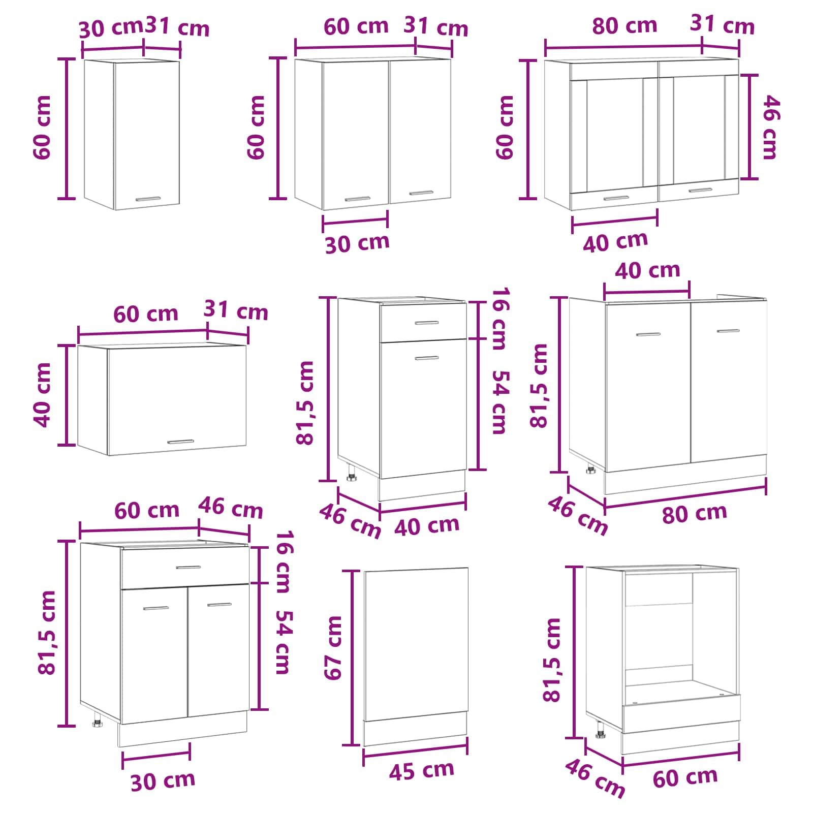 Kitchenette Lyon - Set di 8 blocchi da cucina in legno, modulari, con lavello, pensili e cassetti, per cucina e sala da pranzo