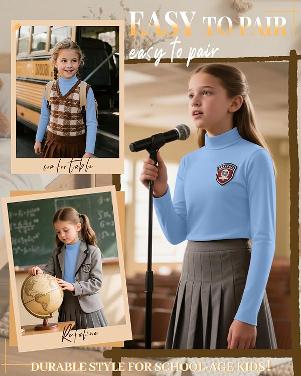 LessonZoo Girls Mock Turtleneck Long Sleeve Shirts Kids Soft Slim Fit Undershirt Warm Casual Base Layer Fall Winter Top(Sky Blue,9-10 Years) by LessonZoo - Used condition - Image 3