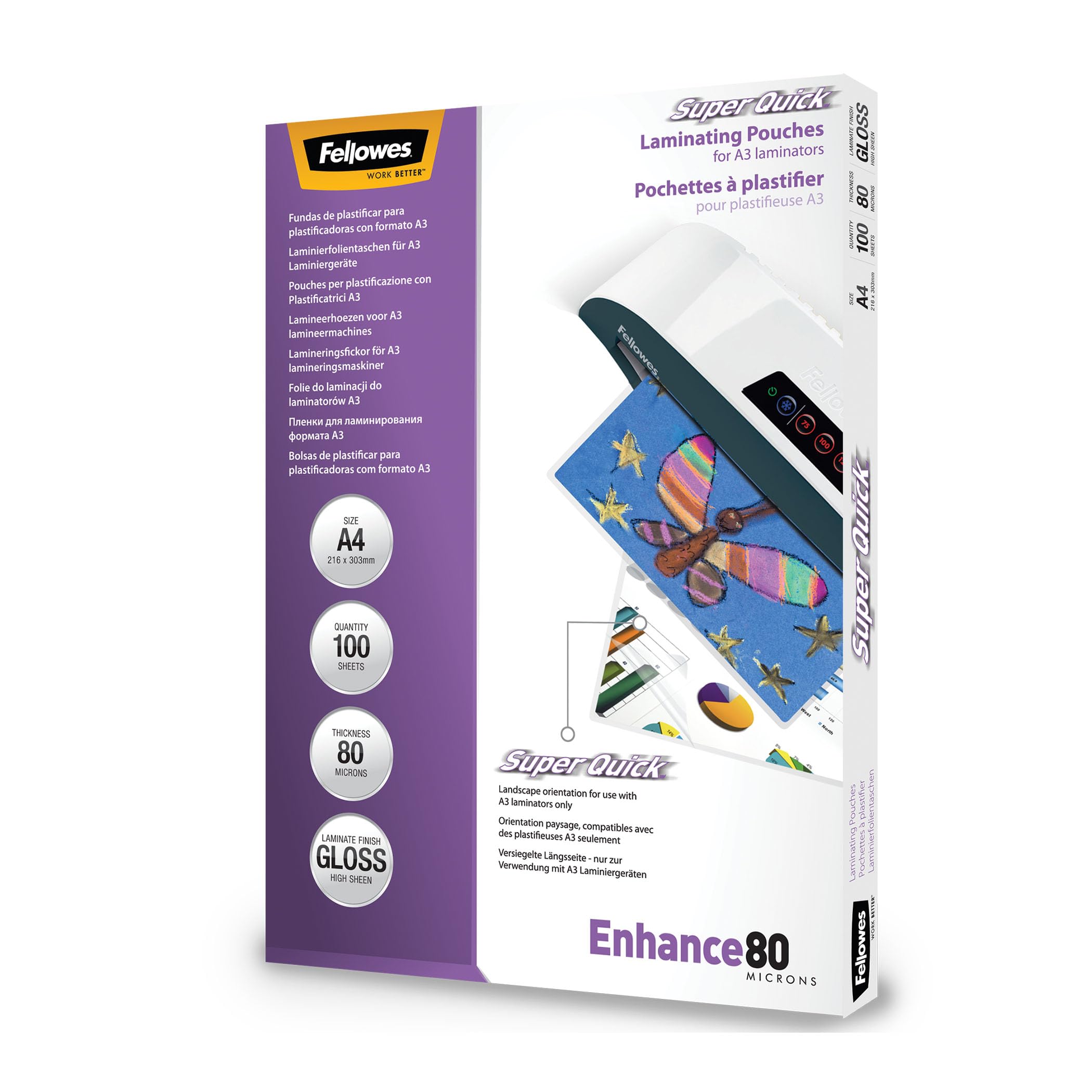 Fellowes Enhance A4 80 Micron Super Quick Glossy Laminating Pouches (Pack Of 100) from B&Q