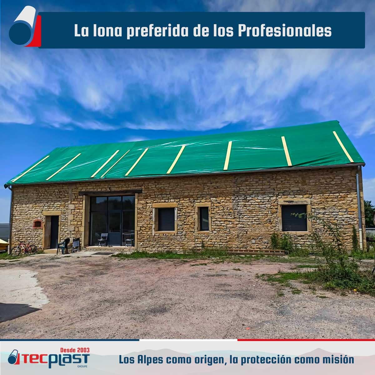 Lona para Techos 10x12 m - TECPLAST - HQ250TO - Verde y Marrón - Máximo Rendimiento - Lona Impermeable para Techadores y Carpinteros