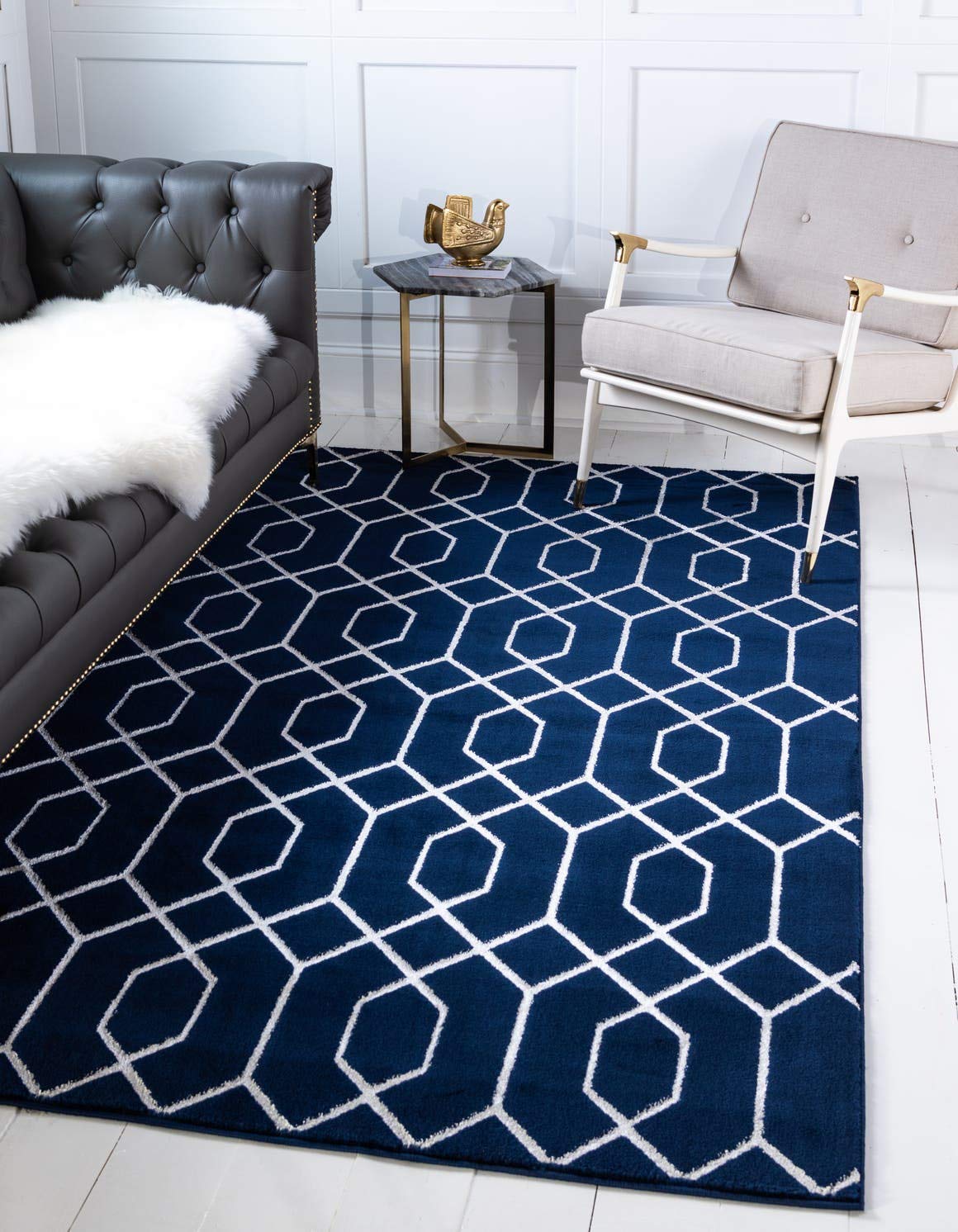 Marilyn Monroe Glam Collection Area Rug - Trellis (4' 1" x 6' 1" Rectangle, Navy Blue Silver/ Silver)