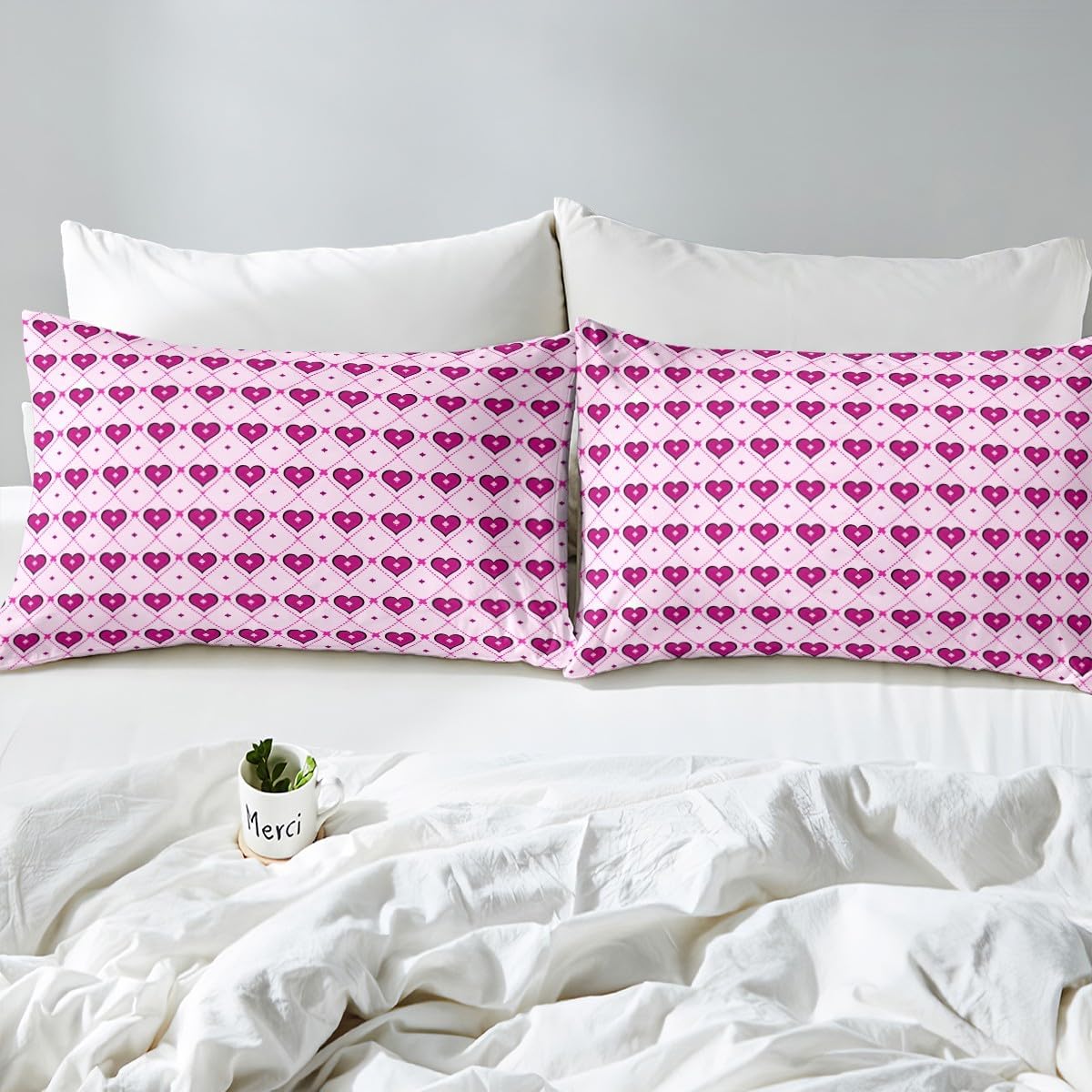 Manfei Love Hearts Duvet Cover Set Toddler Size,Romantic Valentine's Day Princess Style Bedding Set,Girls Boys Teens Room Decor,Pink Crossed Plaids Stripes Patchwork Quilt Cover,No Comforter