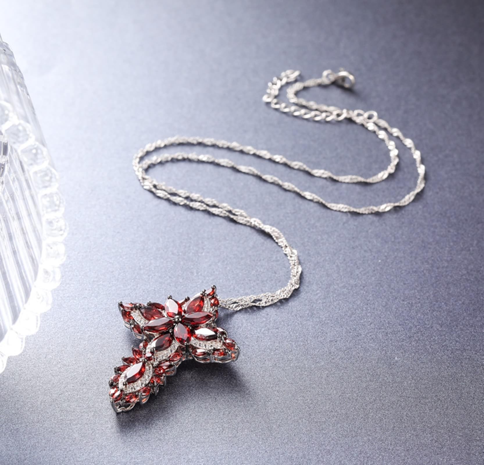 KnSam 925 Sterling Silber Halskette Echtes, Klassiker Glänzend Kreuz Anhänger mit Garnet - Rot & Marquise, Sterlingsilber Kette Damen Anhänger Zirkonia für Frauen, 45cm