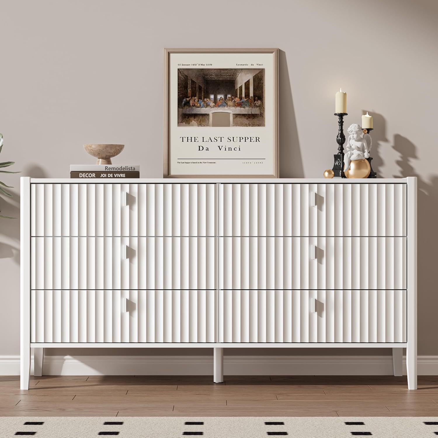 MAISONARIA White Dresser for Bedroom, 47.2" Wide Chest of Drawers with Gold Metal Handles, Modern 6 Drawer Dresser for Bedroom, Living Room, Hallway