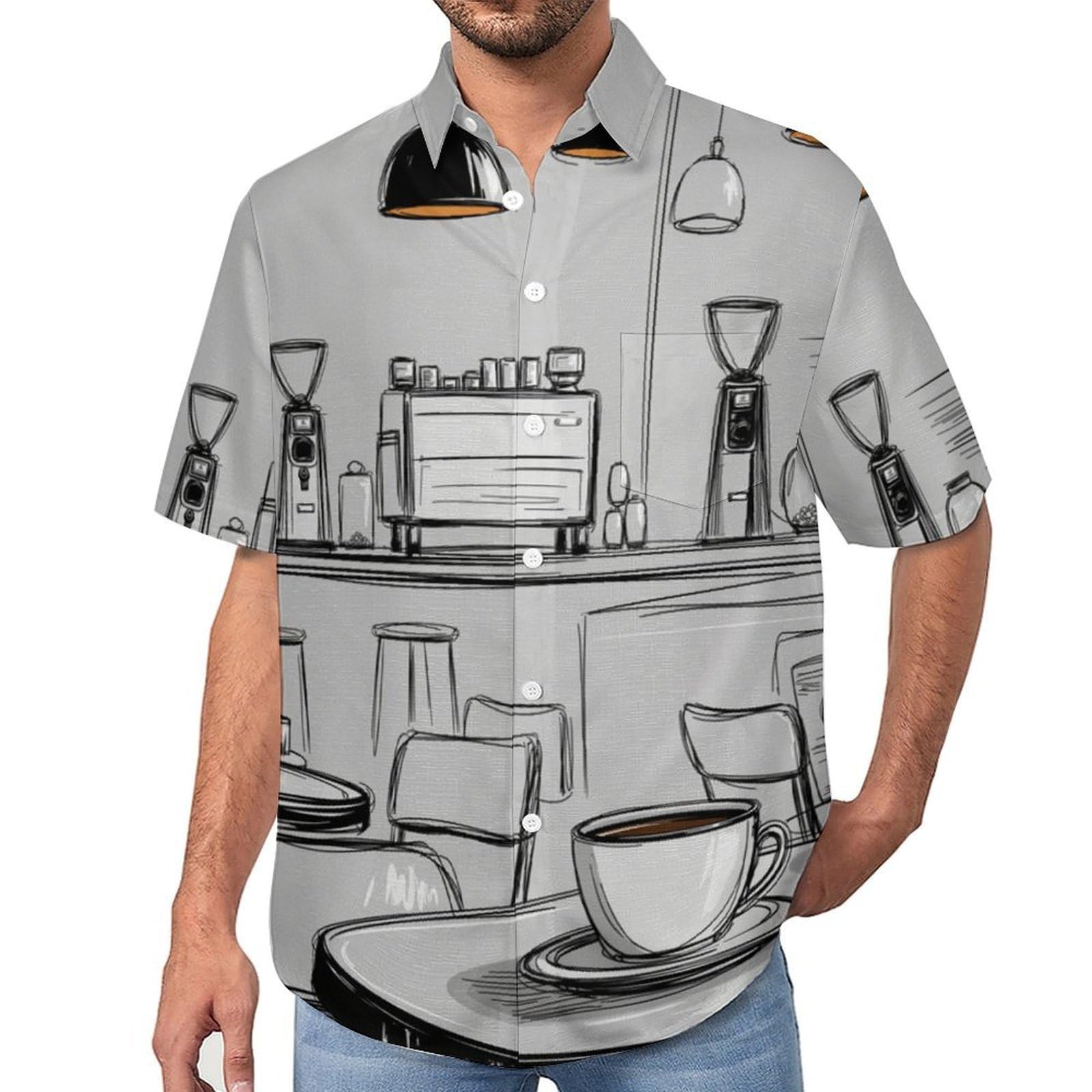 Funky Camicia Hawaiana Uomo, Manica Corta Design Aloha Camicie con Bottoni, Estiva Camicie a Decorazioni per caffè Casual Stampa Spiaggia Estate Illustrazioni A Linee Camicia