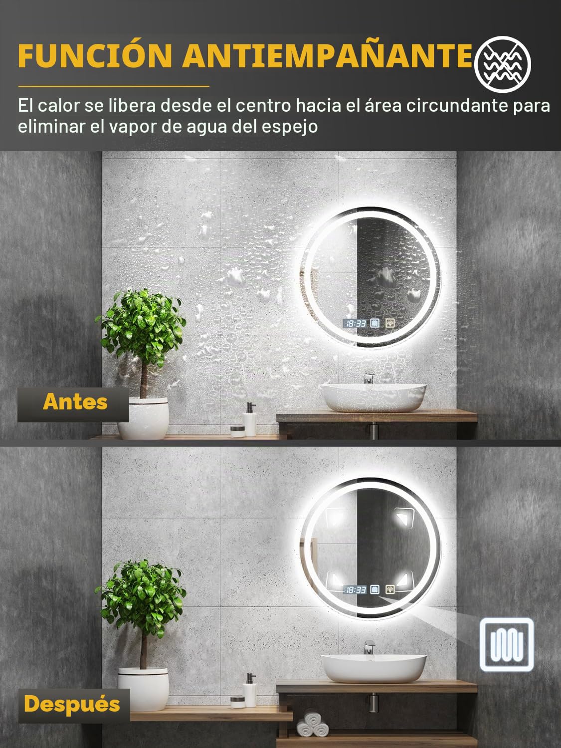Bellanny Espejo Baño con Luz, 60cm Espejo Grande de Pared, 3000K/4500K/6500K Espejo-Baño-Antivaho, Espejos de Tocador | Regulable,Memoria,Reloj,Vidrio Templado HD,IP44 LED Espejos Retroiluminado Ronda