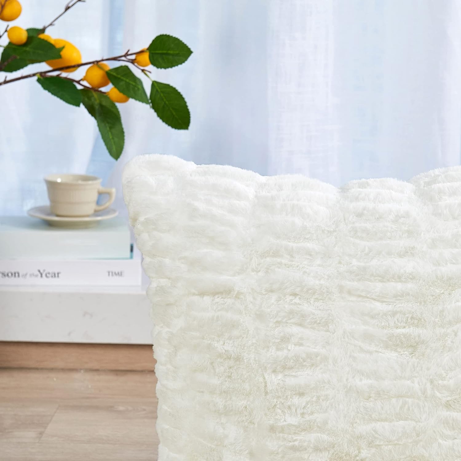 Ruched Faux Fur Euro Throw Pillow Covers with Micromink Back 2 Piece Set, Luxury Plush Soft Cushion Case Pillowcase for Couch Bed Car Bedroom Living Room, 26 x 26 Inches, Cream