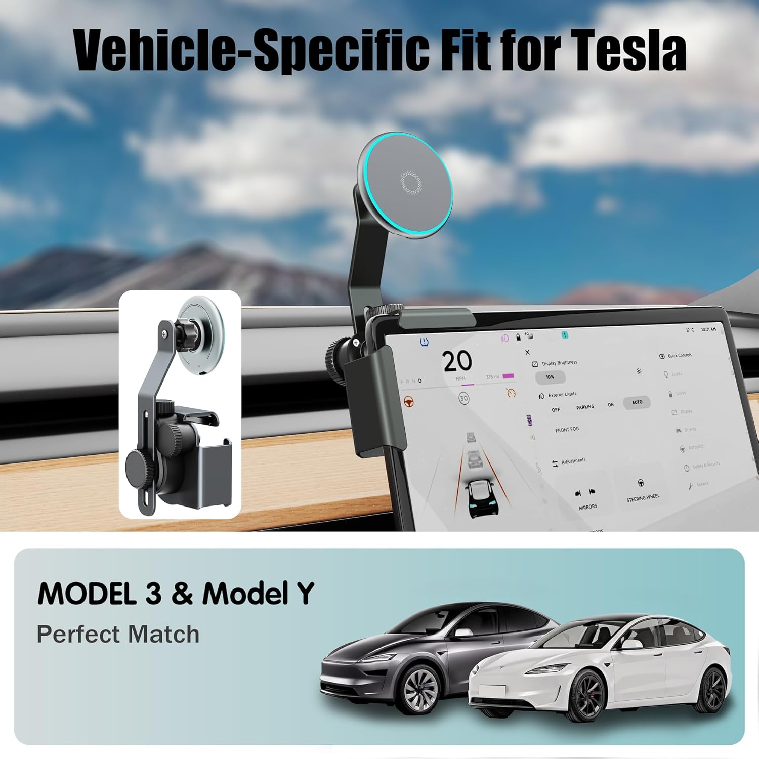 Tesla Phone Mount for Model Y & Model 3, Magnetic Car Phone Holder for Tesla Screen,15W Magnetic Wireless Car Charger with 360° Rotation,No Adhesive Dashboard Mount for iPhone