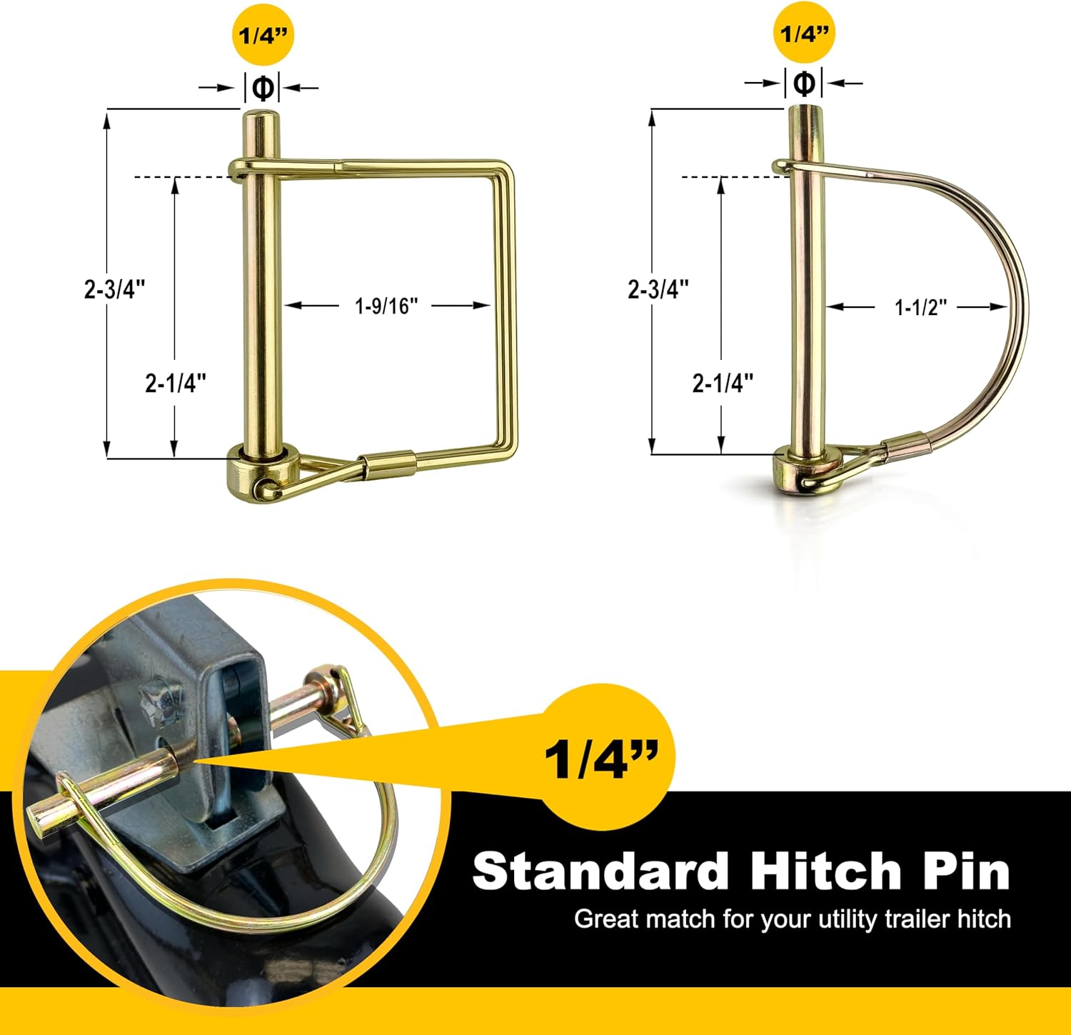 Wellmax 8-Pack Trailer Hitch Pins, 1/4" x 2-3/4" Safety Coupler Pin, Zinc-Plated Carbon Steel Wire Lock Pins for PTO, Farm, Lawn Garden Equipment, and Marine Use, Gold