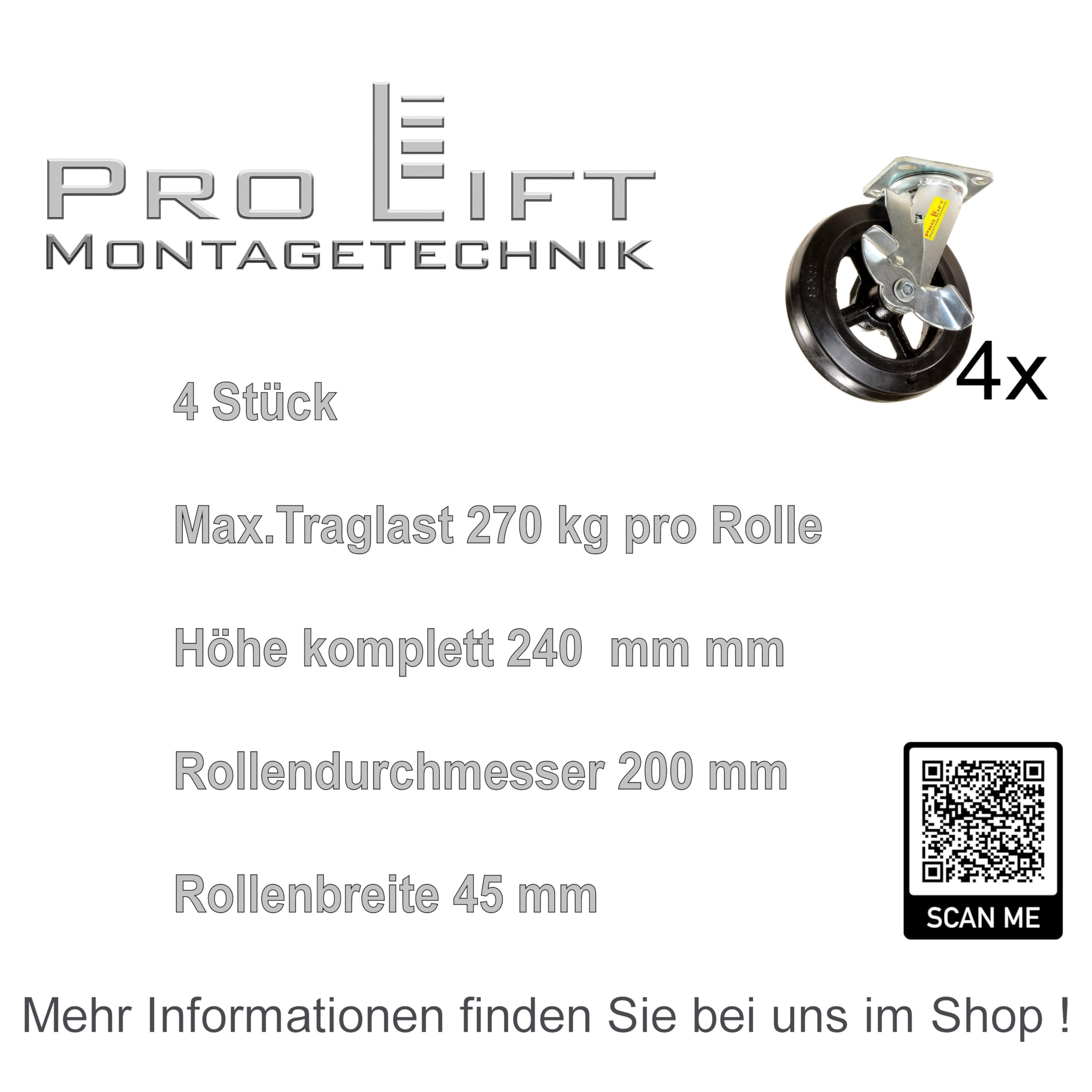 4 Stück: je 270kg Lenkrollen, Schwerlastrollen, gebremst, Vollgummi-Rollenbelag, 01391