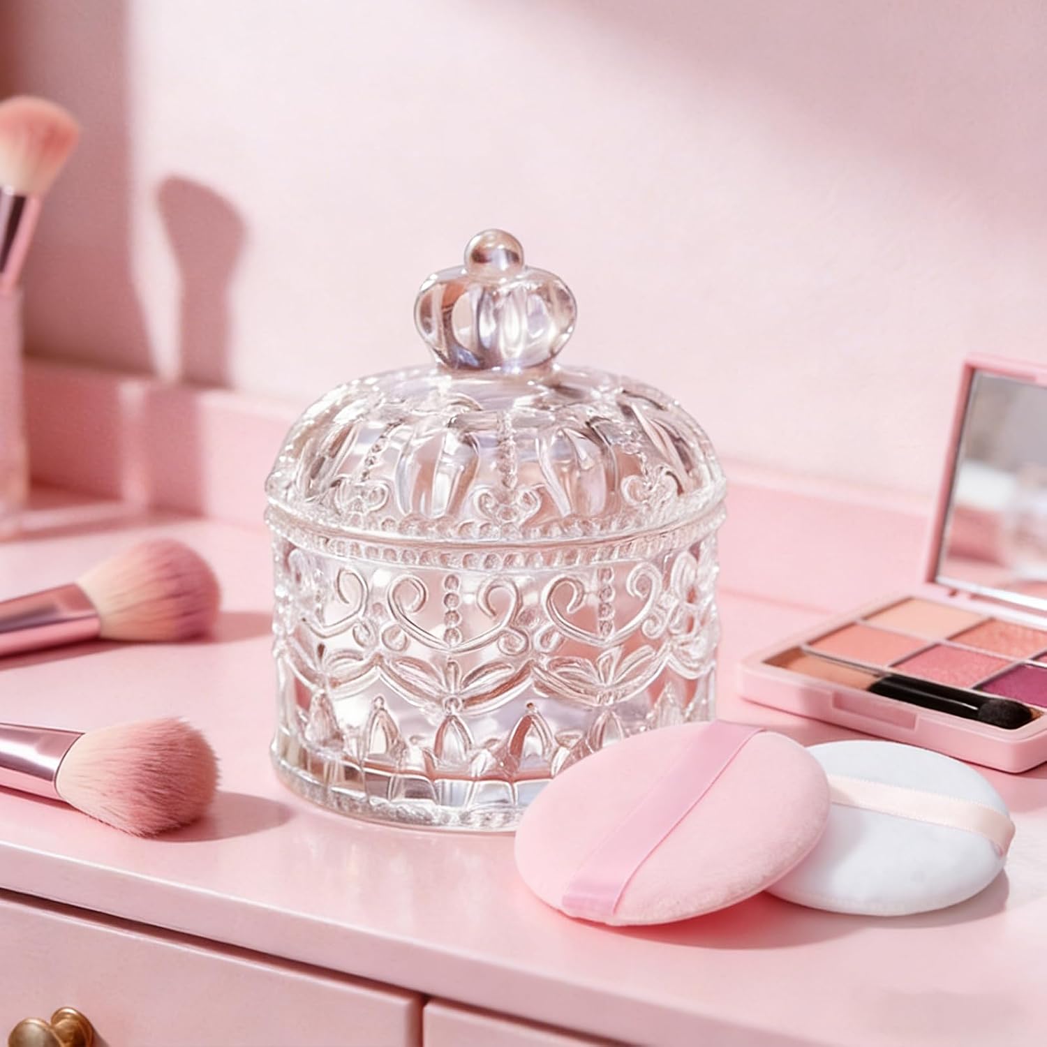 3 Pcs Large Body Powder Puff and Container, Glass Dusting Powder Container with Puff, Soft Velour Washable Powder Puff and Container for Women (Crown)