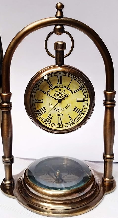 Antiques Era Brass Nautical Victoria Antique, Desk Clock/Table Clock, with Direction Compass (Brown Antique Finish)