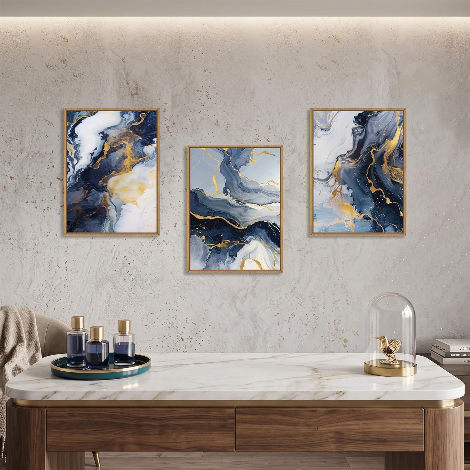Abstract Navy Blue Framed Canvas Wall Art,Modern Gold Geometric Wall Decor,Vintage Ink Wash Painting,Neutral White Wave Artwork for Living Room,Bedroom,Dining Room,Office - 12"x16"x3 image 2