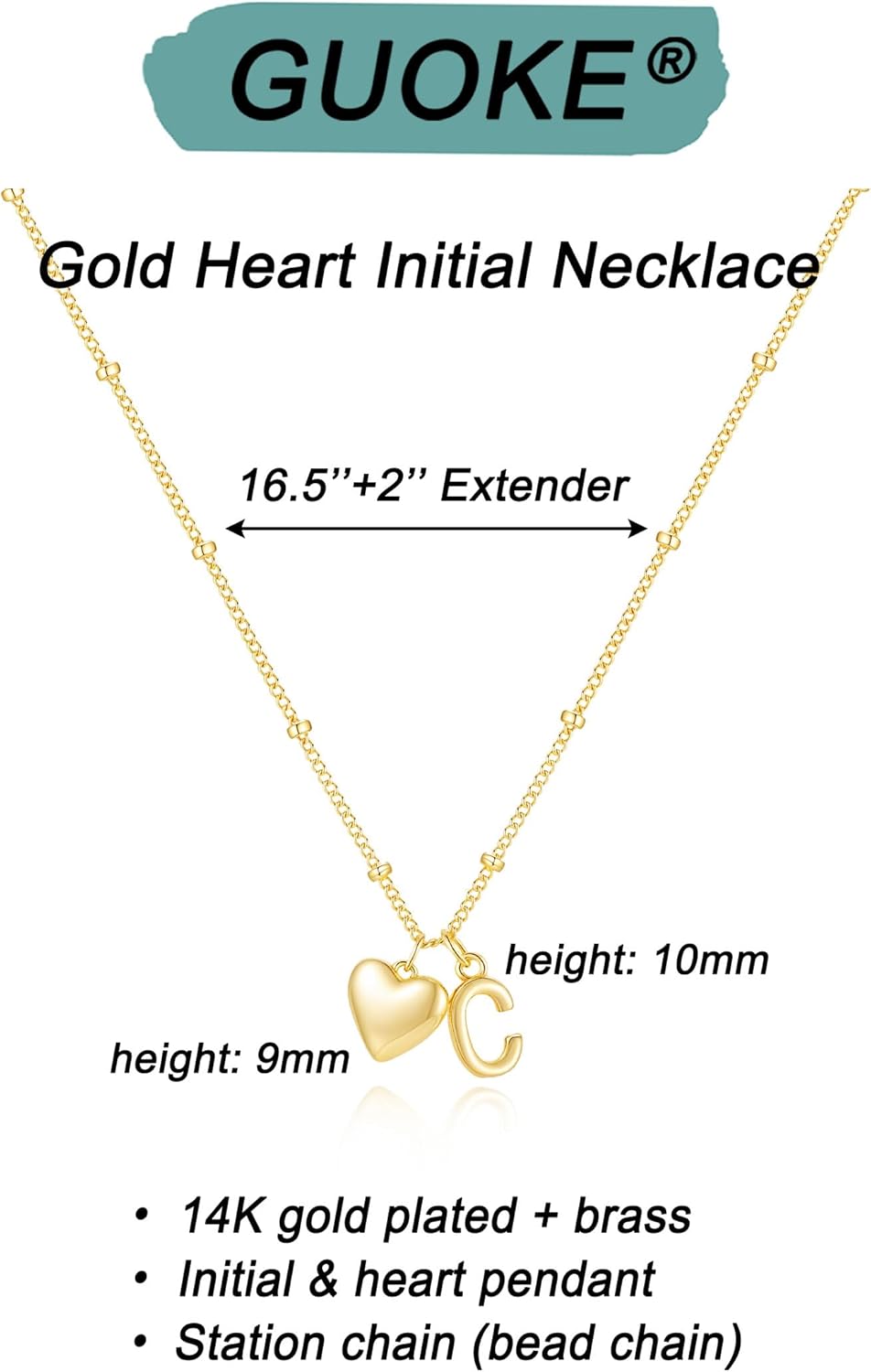 Gold Heart Initial Necklace for Women - 14K Gold Plated Heart Letter Pendant Necklace Dainty Beaded Chain Personalized Jewelry Everyday Gift - Image 6
