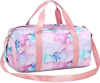 Marble Pink Dance Bag for Girls Gymnastics Ballet Sports Overnight Kids Duffle Bag with Shoe Compartments and Wet Pocket