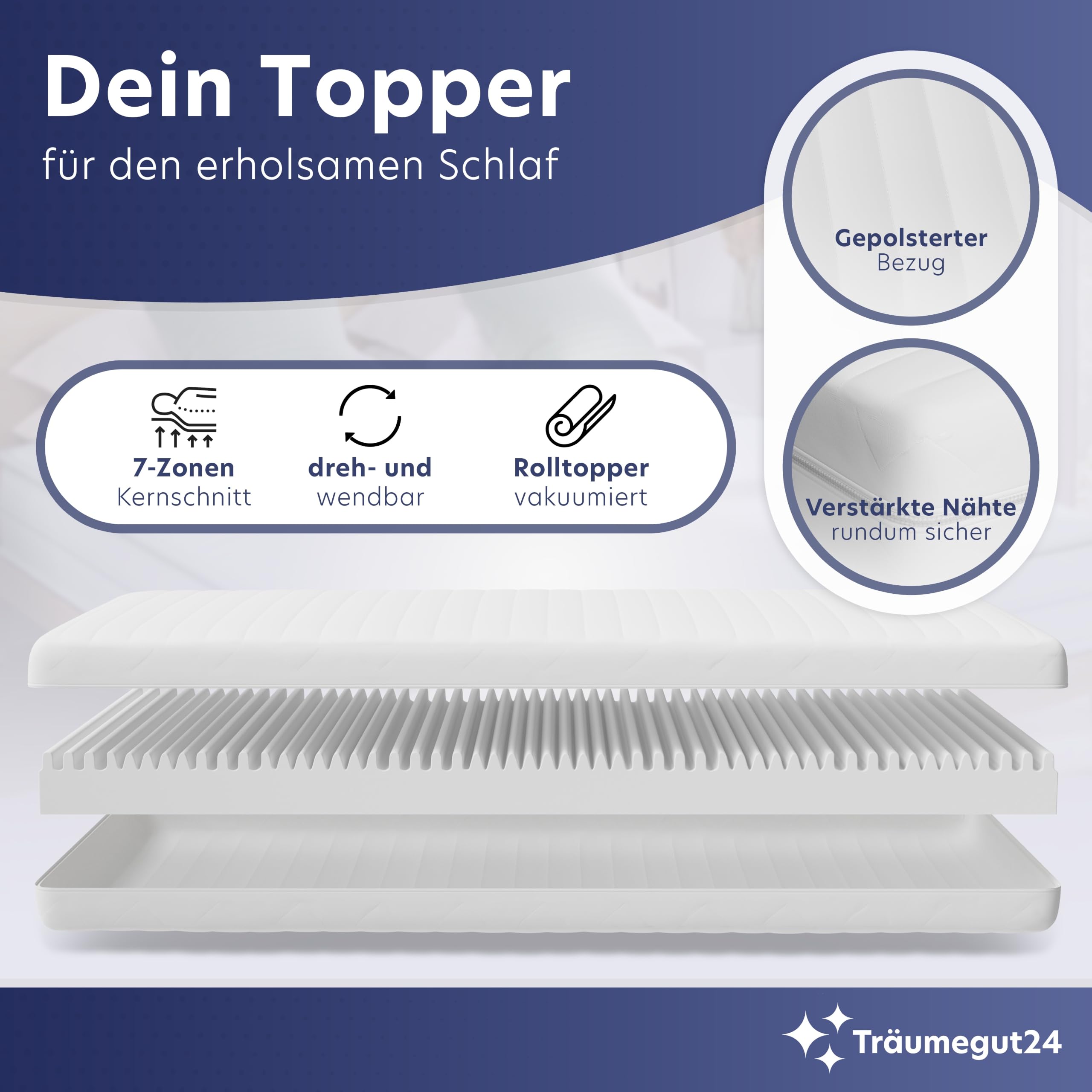 Träumegut24-8cm Premium Kaltschaum Matratzentopper Matratzenauflage Topper - Härtegrad H3-90x200cm
