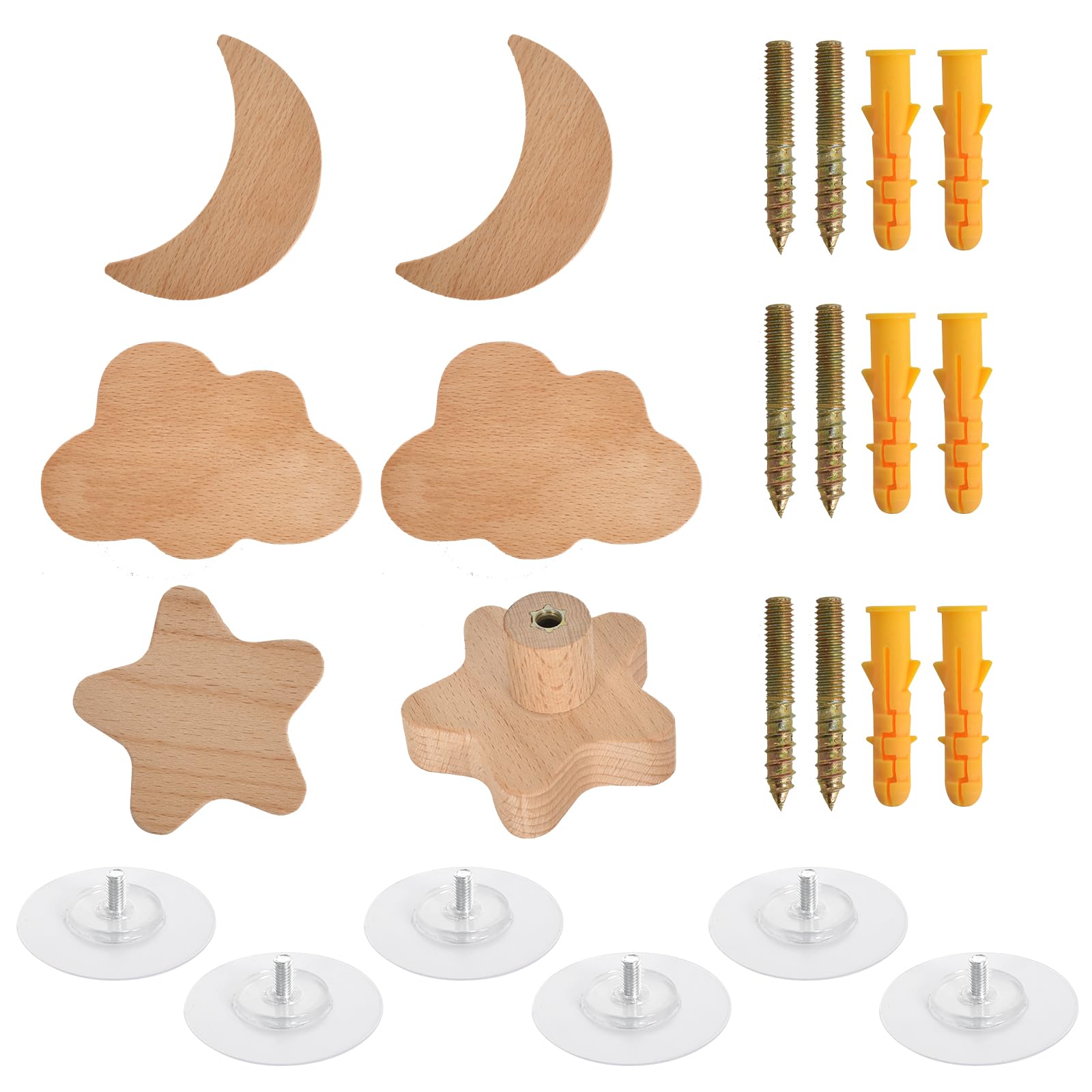 Zimoer 6 Piezas Pomos De Armario De Madera,Tiradores Madera,Pomos Y Tiradores Infantiles,Asas Para Animales,Pomos Para Muebles Con Forma De Animal,Para Armario, Cocina (Estrella, luna, nube)
