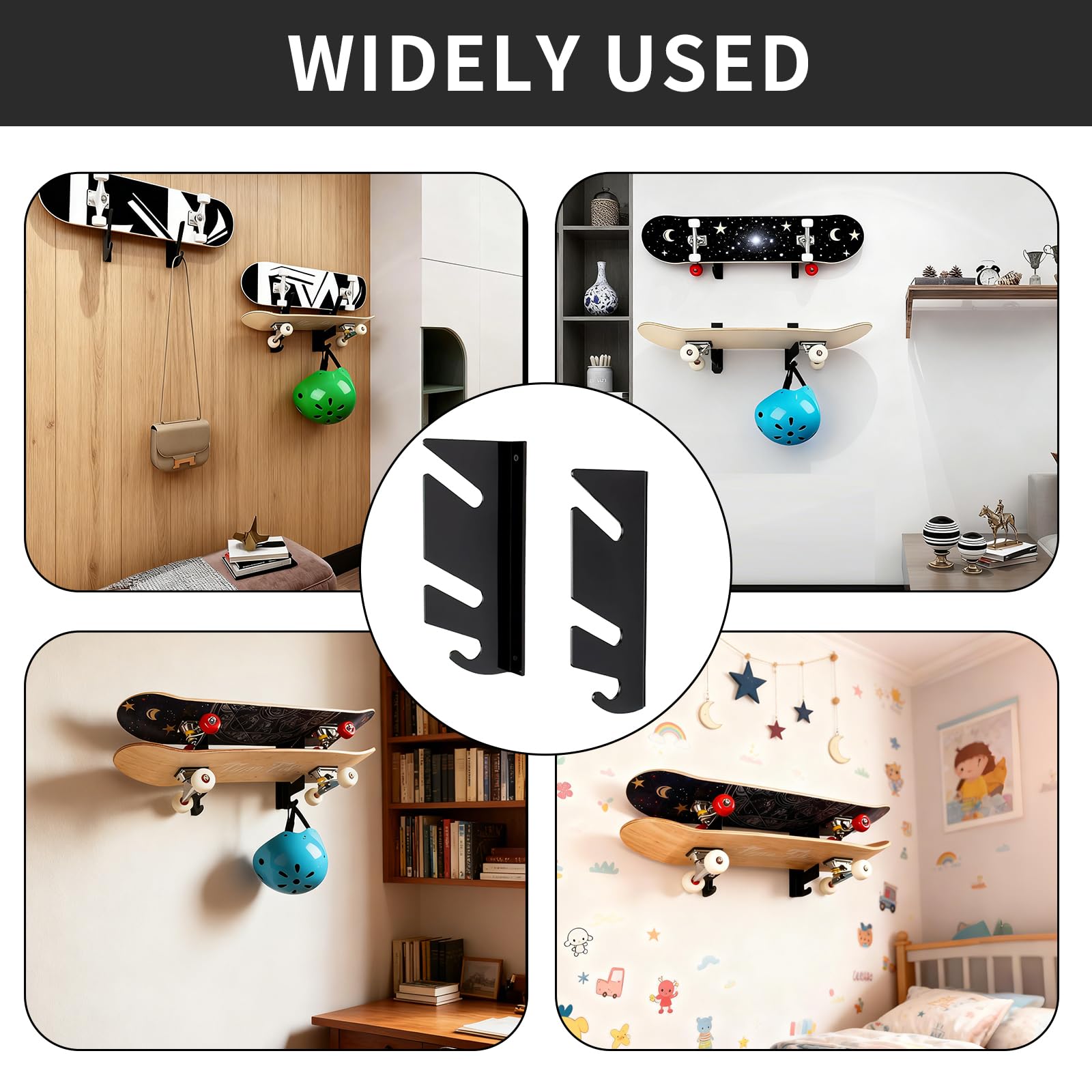 Soporte Pared Skateboard,Estante de Pared para Tablas De Skate con Ganchos de Almacenamiento, Apto para Tablas De Skate, Longboards y Tablas De Snowboard (2 Unidades)