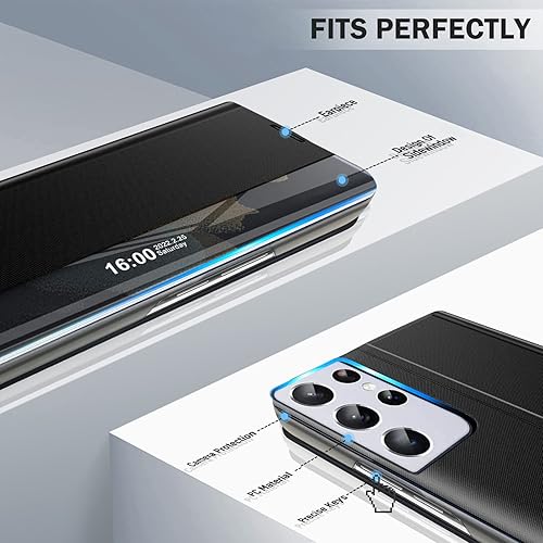 Miniatura 5 de Funda para Samsung Galaxy S21 Ultra 5G, Clear View Slim para Samsung S21 Ultra 5G, funda de lujo con espejo de policarbonato duro, soporte de cuero,