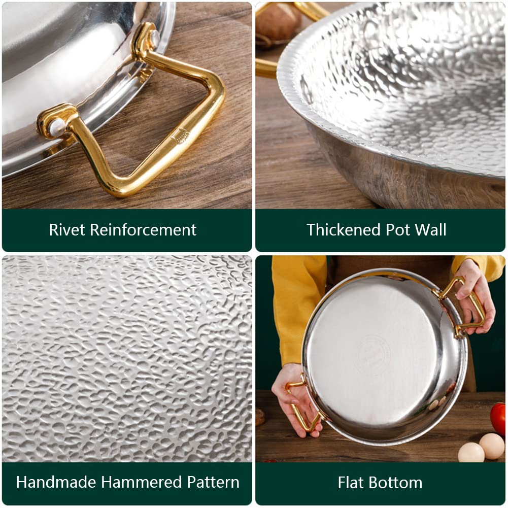 Acero Inoxidable 304 Paellera, 4 Tamaños Sartén, Martillado A Mano Antiadherente Paella Española Batería De Cocina Con Asas De Doble Remache Para Hogares O Restaurantes, 28cm,Silver
