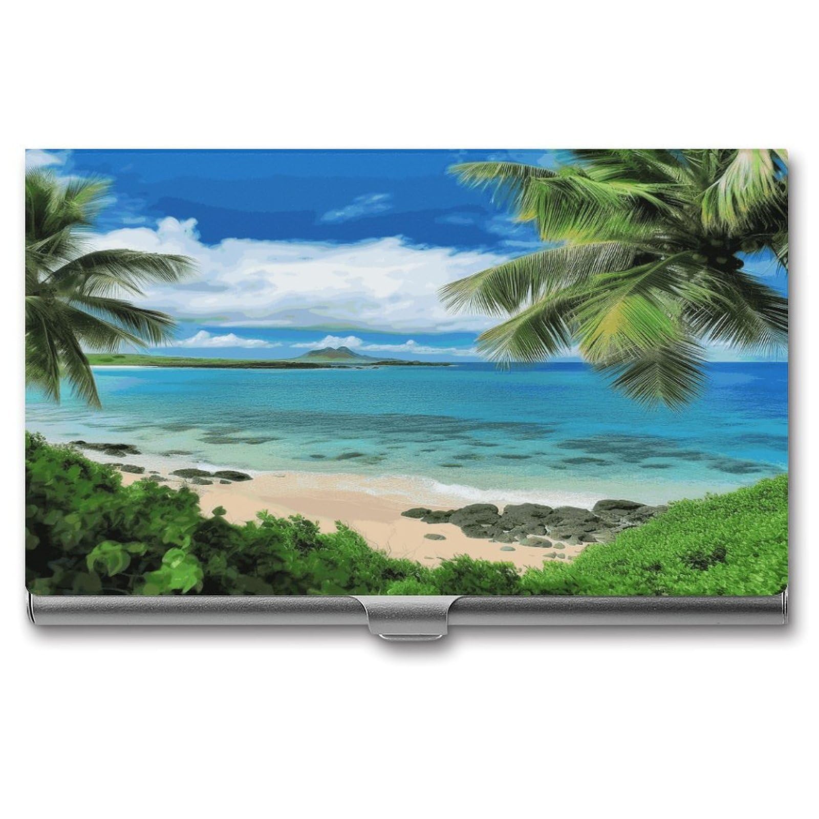 LDGSUPH Tropical Palm Tree Hawaii Beach Business Card Holder Fashion Slim Name Card Holder Minimalist Design Case Metal Card Carrier Personalized Business Card Case with Flip for Men Women