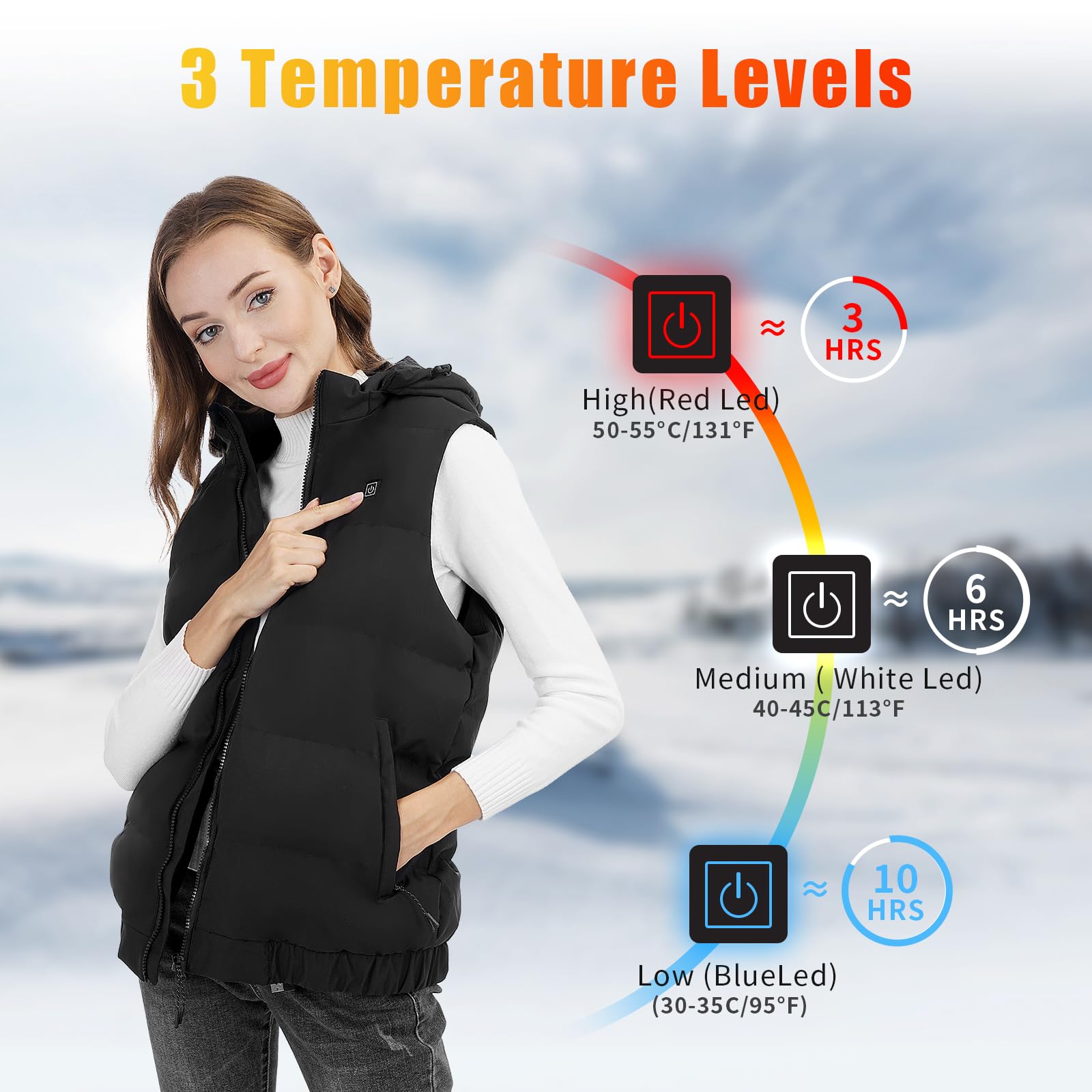 Rrtizan Gilet Riscaldato, Giacca Riscaldata Elettrica USB per Uomo e Donna, 3 Livelli di Temperatura, Giubbotto Riscaldato Impermeabile Invernale Caldo Lavabile per Caccia Moto Sci e Campeggio, Nero