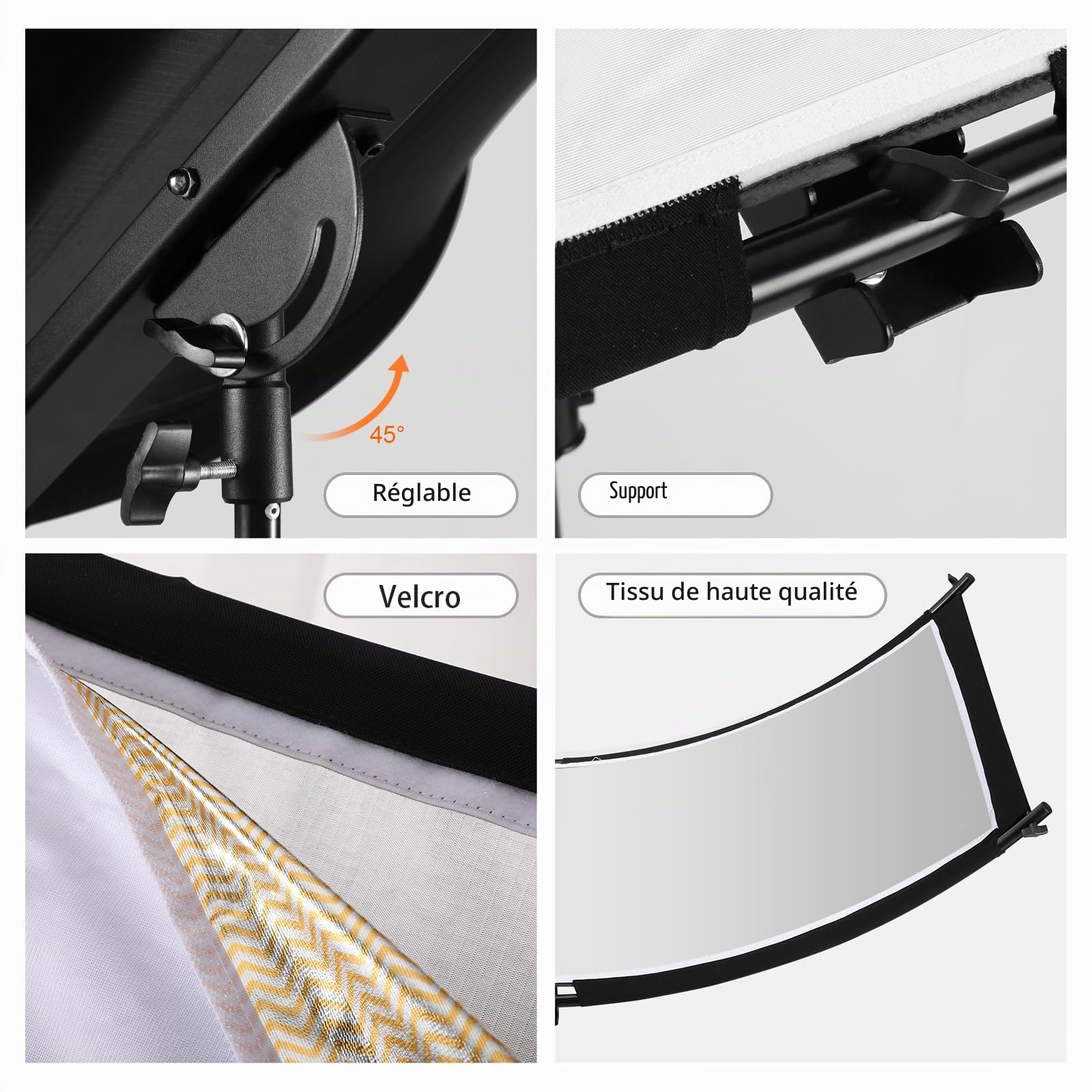 Réflecteur à Lumière Incurvée 4 en 1, Reflecteur Lumiere Photo avec Sac de Transport, Réflecteur Courbé 180 x 60cm pour Studio et Vidéo Photographie, Noir/Blanc/Doré/Argenté(Trépied Non Inclus)