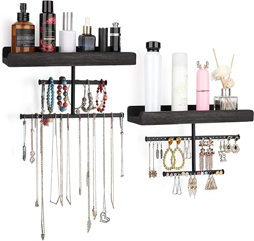 Miniatura 12 de Keebofly Organizador de joyas colgante de pared con soporte de joyería de madera rústica para collares, pulseras, aretes, anillos, juego de 2 Gris
