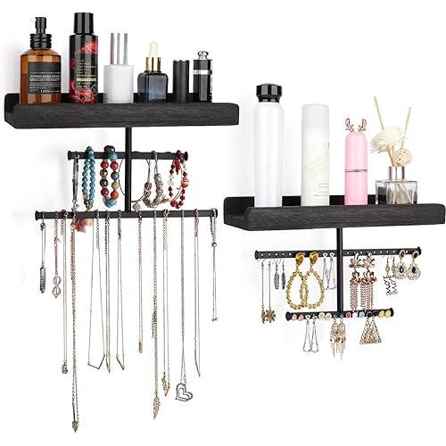 Keebofly Hanging Wall Mounted Jewelry Organizer with Rustic Wood Jewelry Holder Display for Necklaces Bracelet Earrings Ring Set of 2 Black,[Patented]