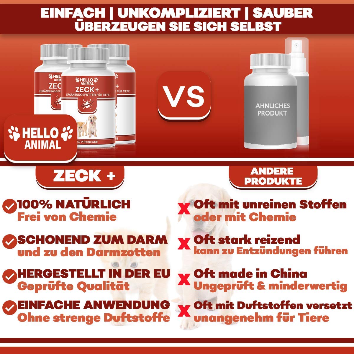 Hello Animal ZECK+ Comprimés anti-tiques pour chiens et chats - Formule naturelle - Sans additifs artificiels - 60 comprimés - Additif alimentaire pour animaux