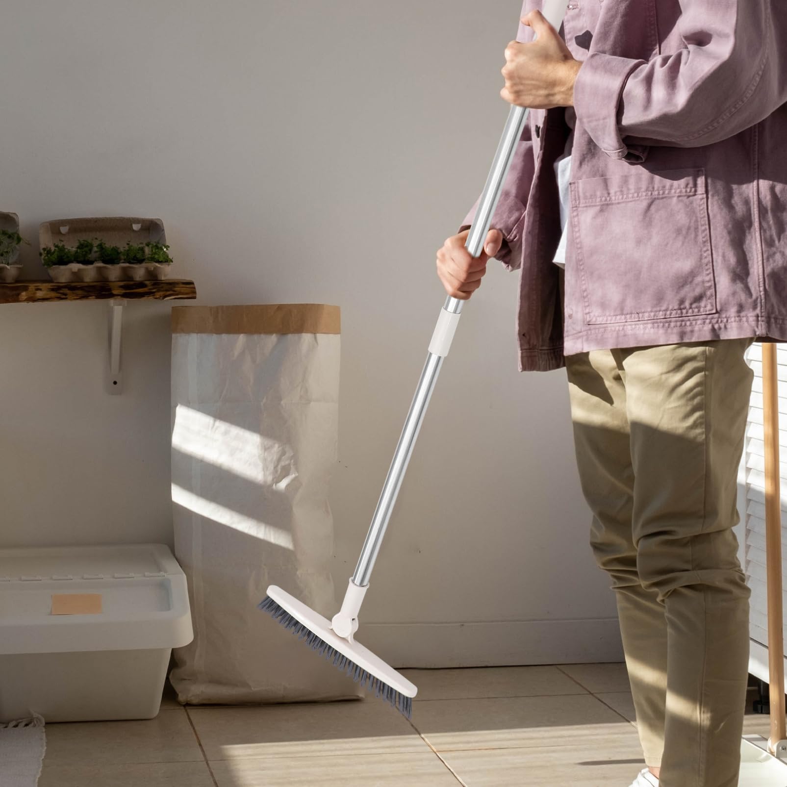 SHERCHPRY 2 Piezas Cepillo de Limpieza para Grietas de Suelo con Mango y Cabeza Herramienta Multiusos para Fregar y Azulejos para Ranuras y Difíciles de